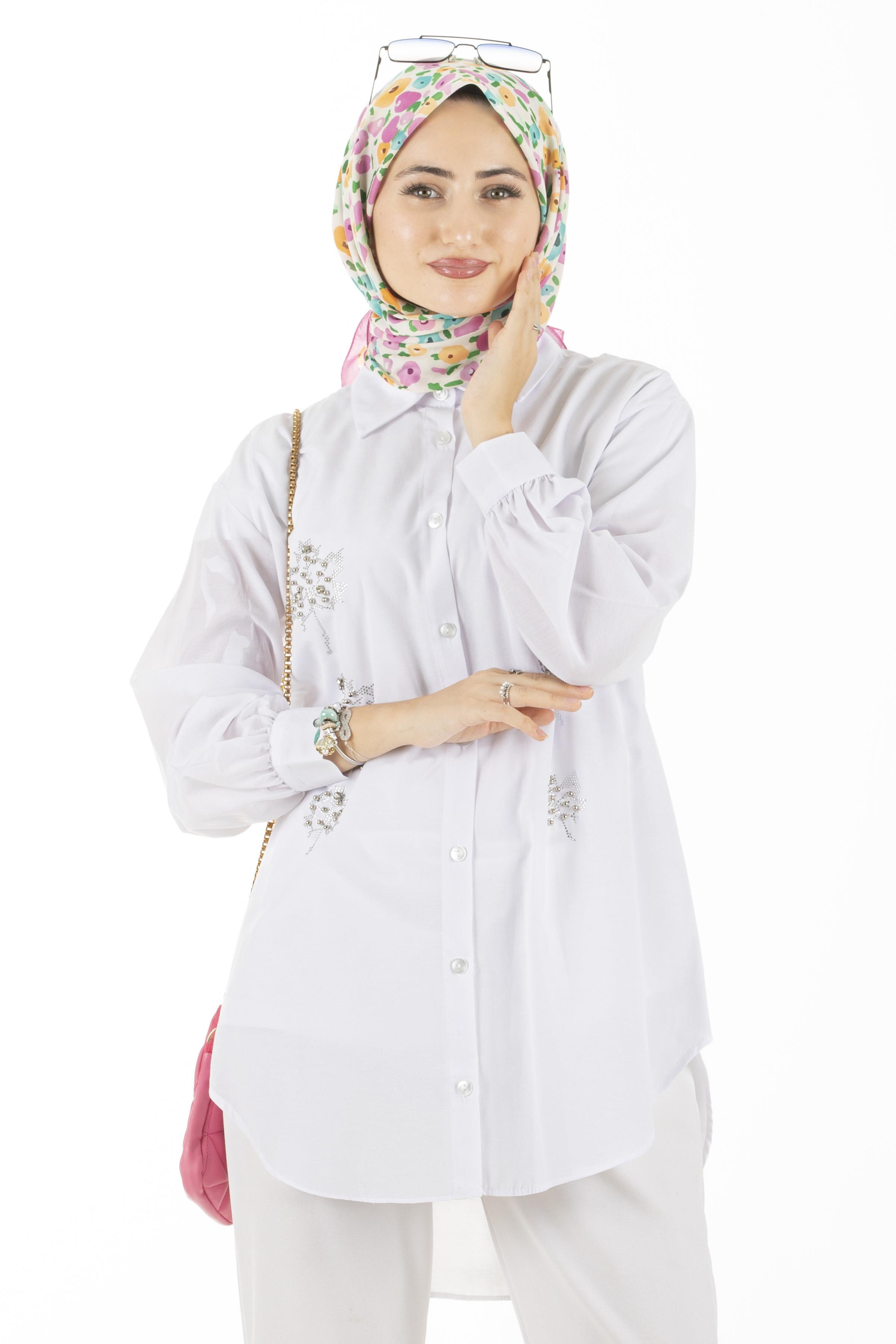  Leaf Patterned Tunic-White