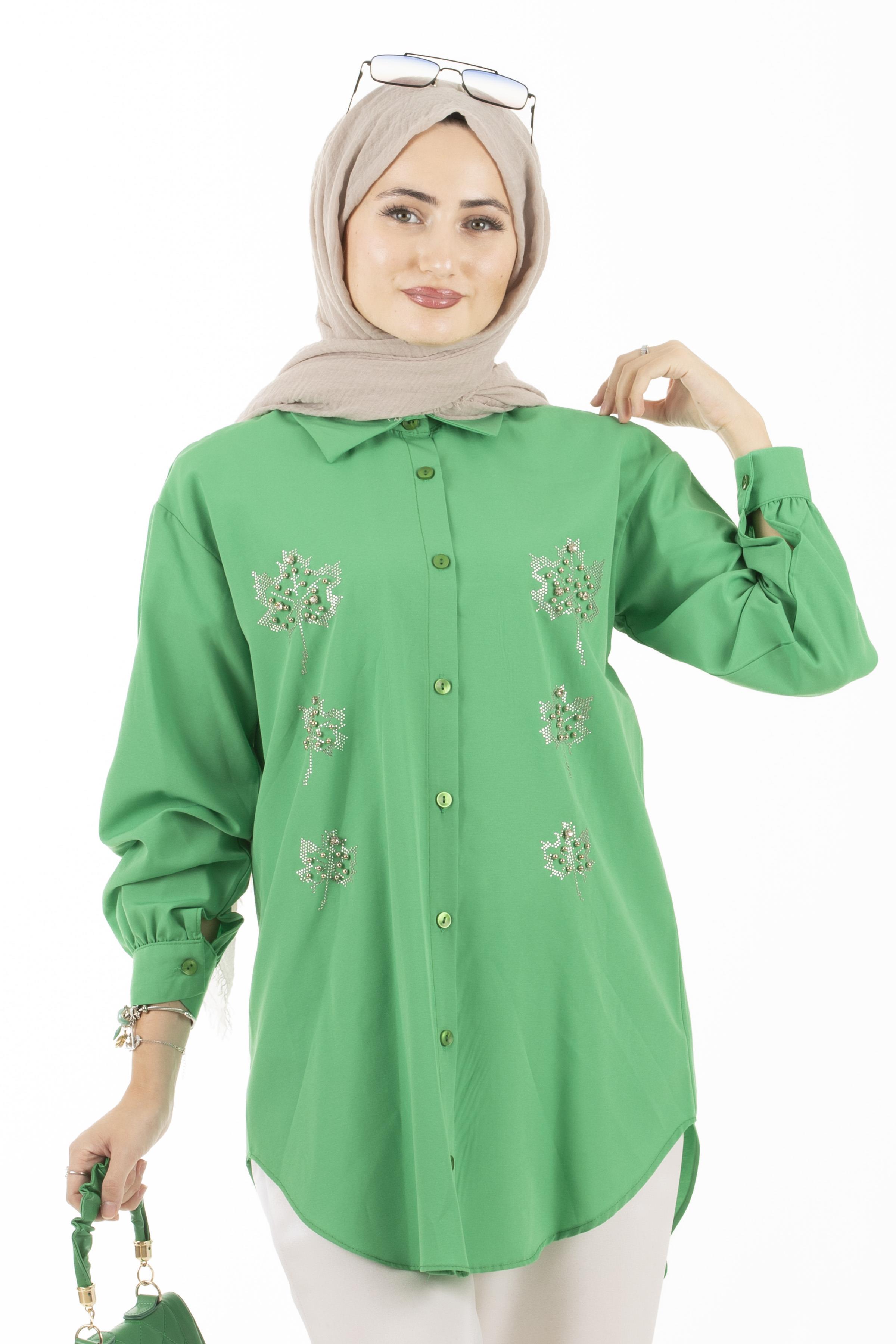  Leaf Patterned Tunic-Green