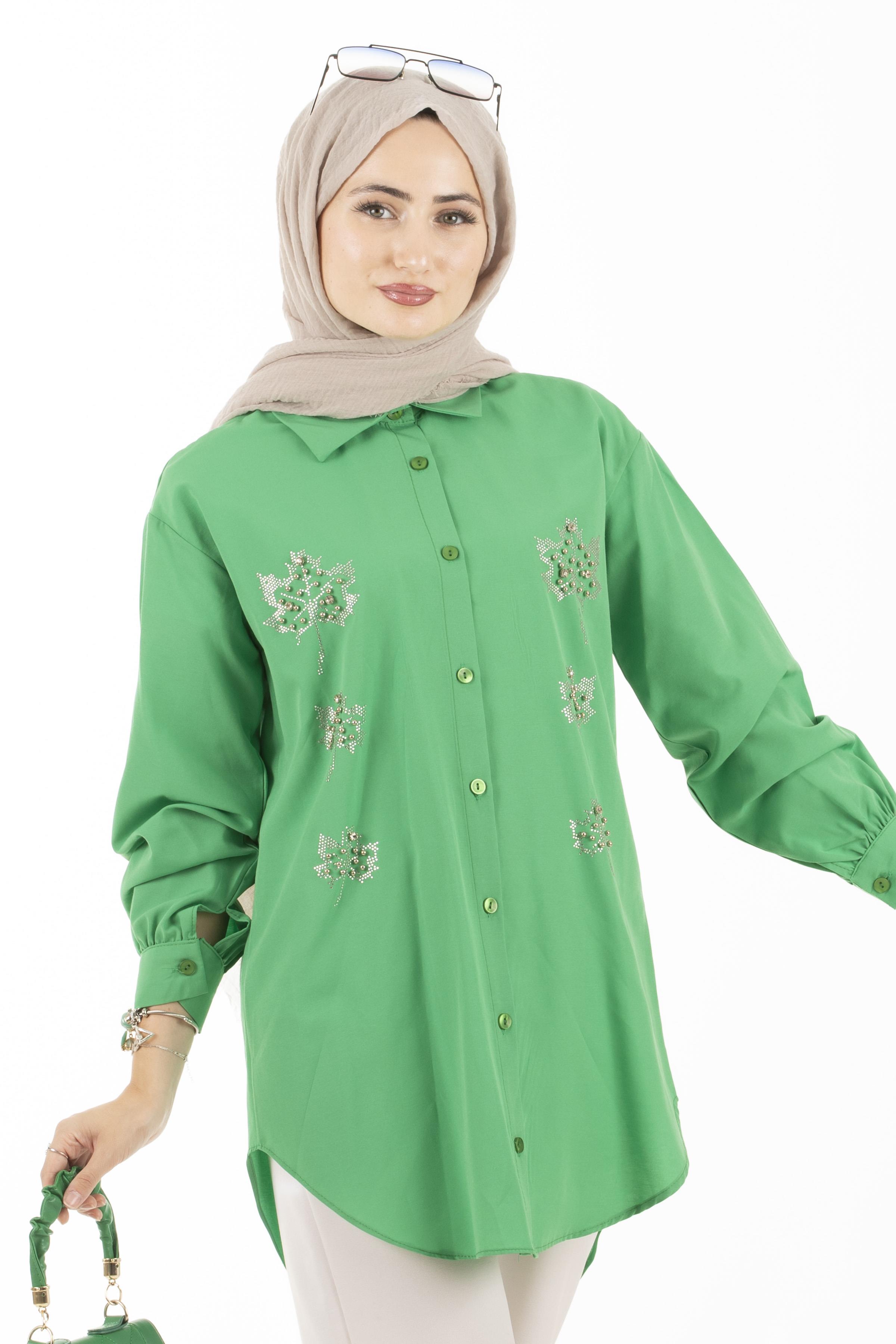  Leaf Patterned Tunic-Green