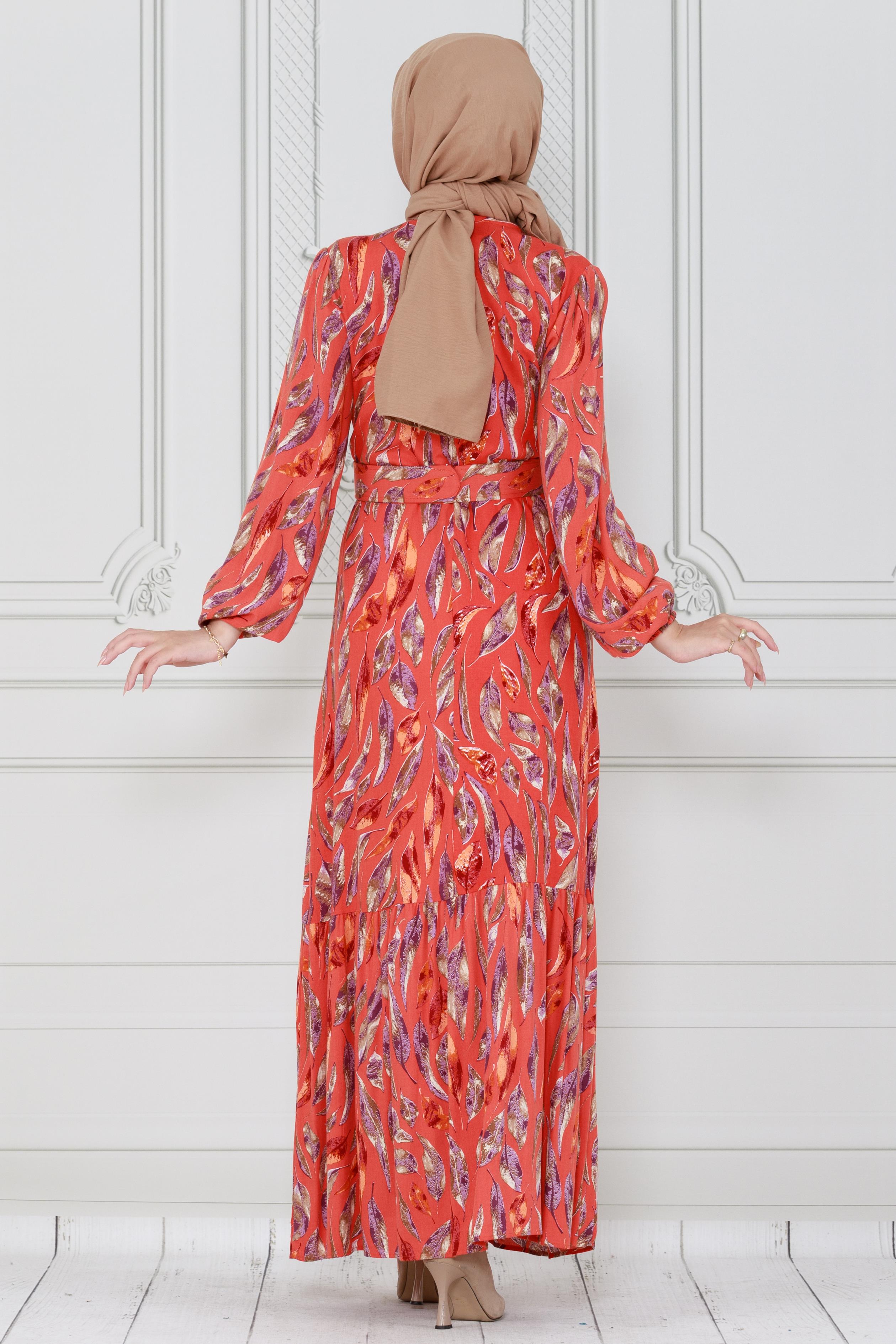Leaf-Patterned Viscose Dress-Orange