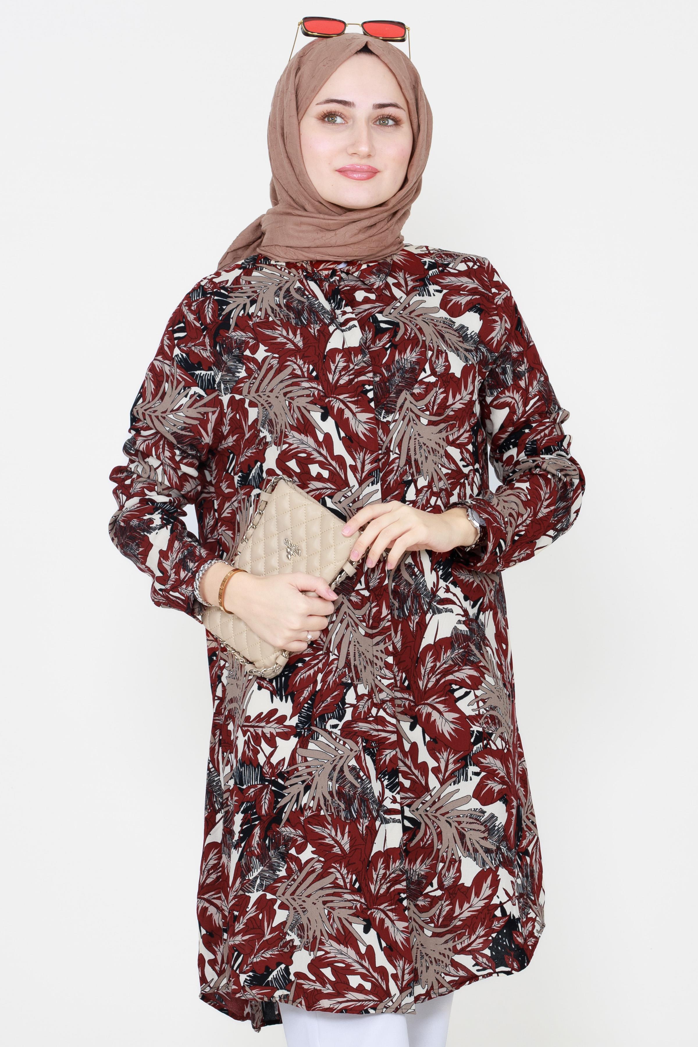Yaprak Desenli Viscon Tunik-Bordo