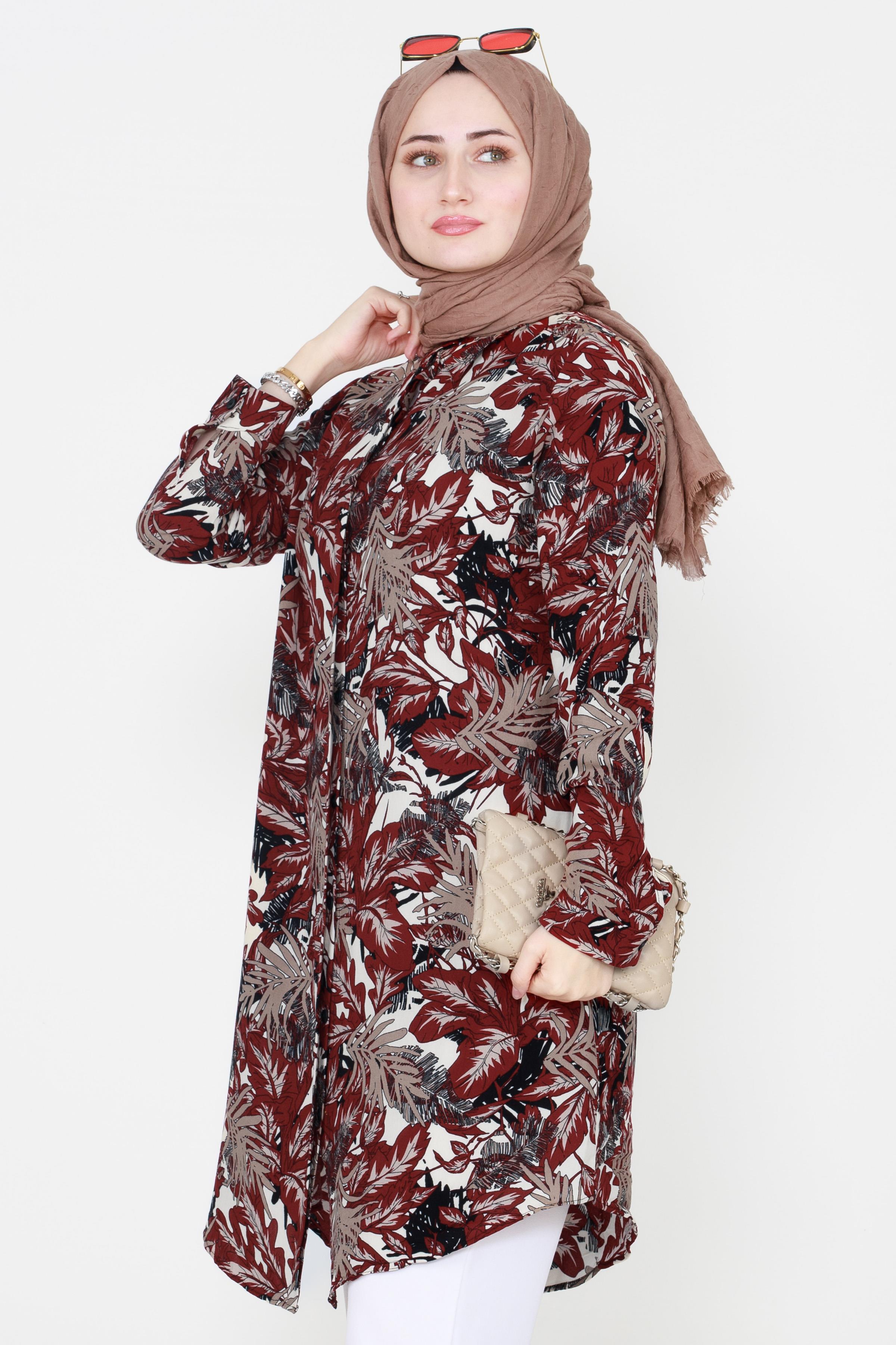 Yaprak Desenli Viscon Tunik-Bordo