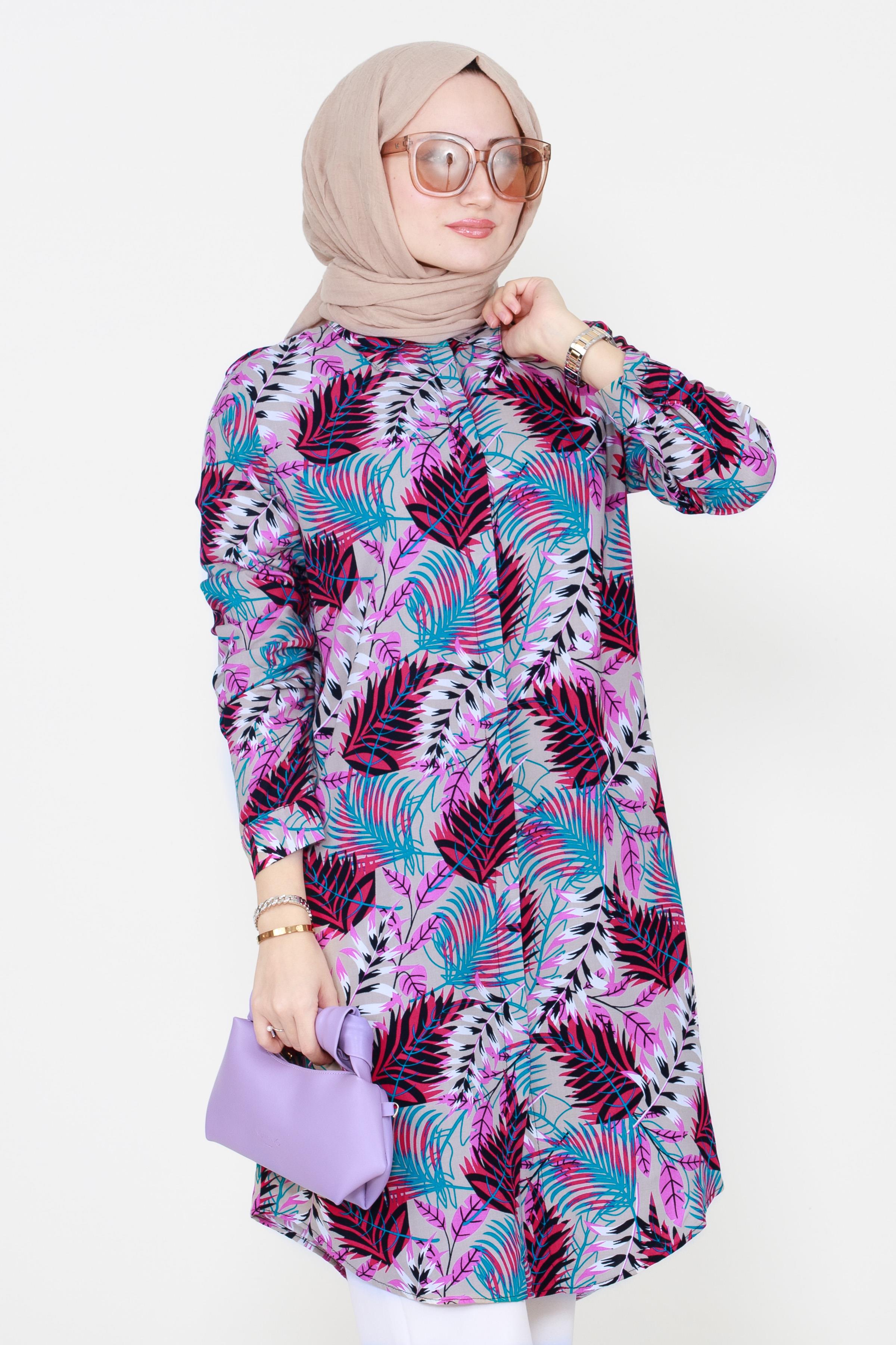 Leaf Patterned Viscose Tunic in Fuchsia,
