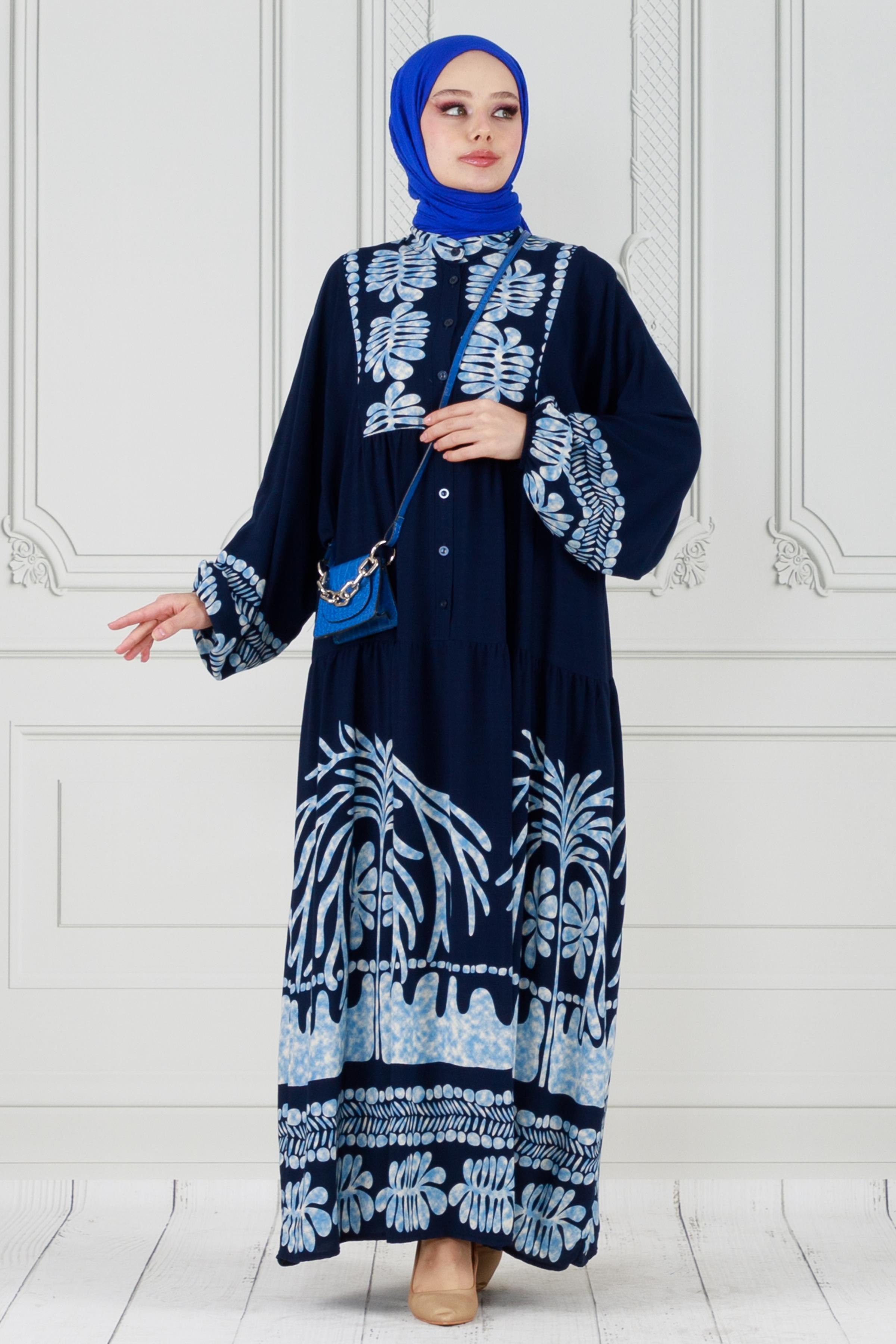 Viscon dress with wide sleeves - dark blue