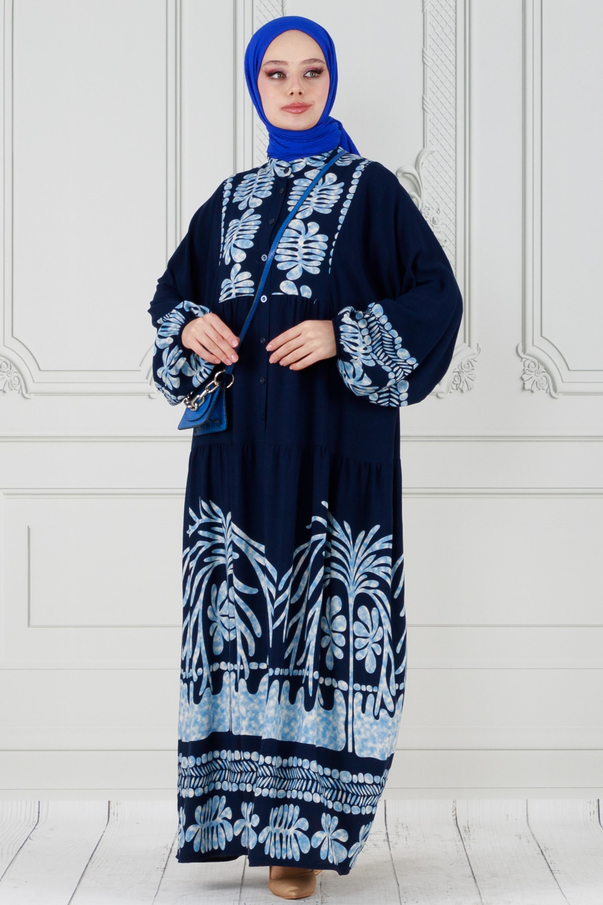 Viscon dress with wide sleeves - dark blue