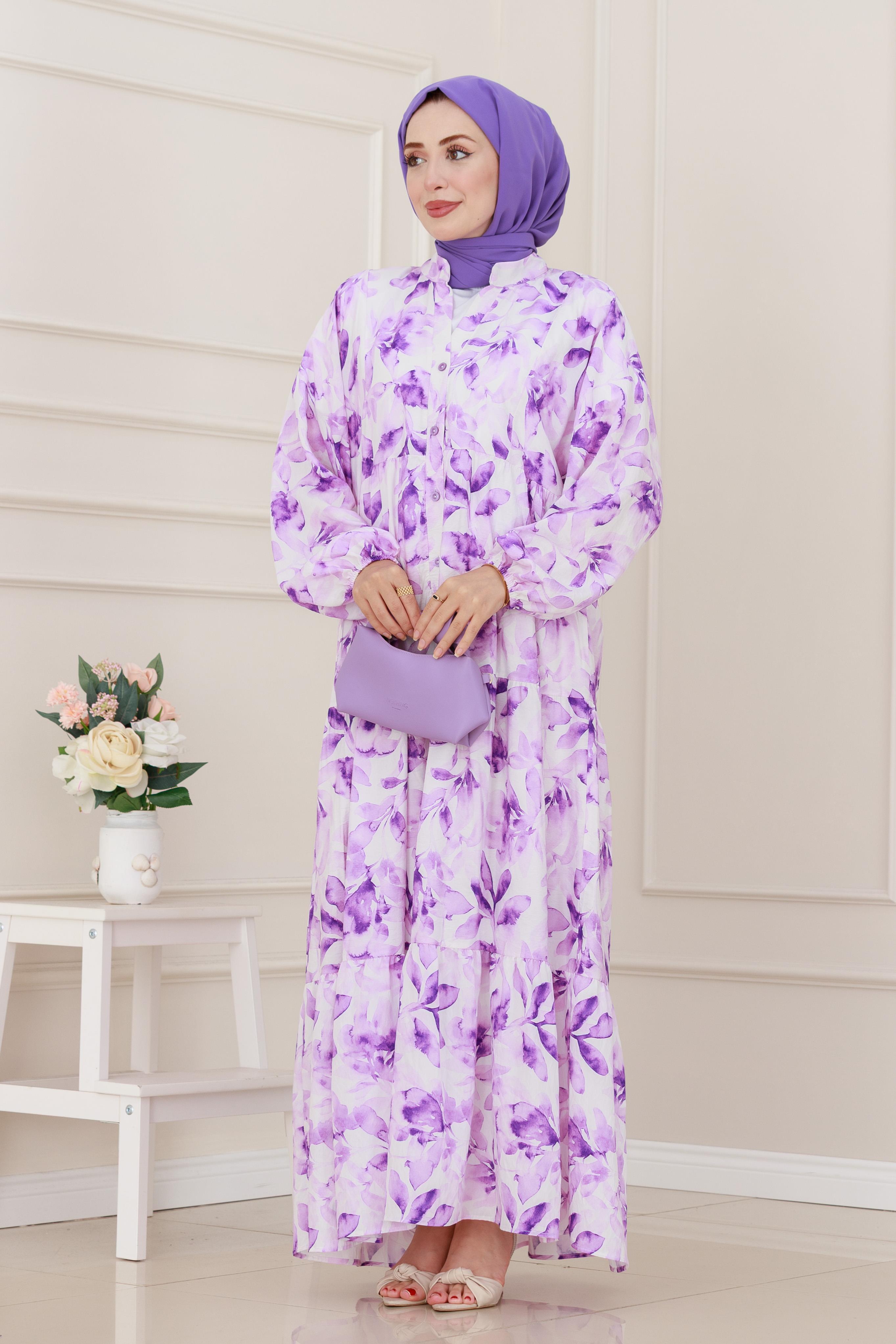 Yarım Düğmeli Lotus Elbise-Mor