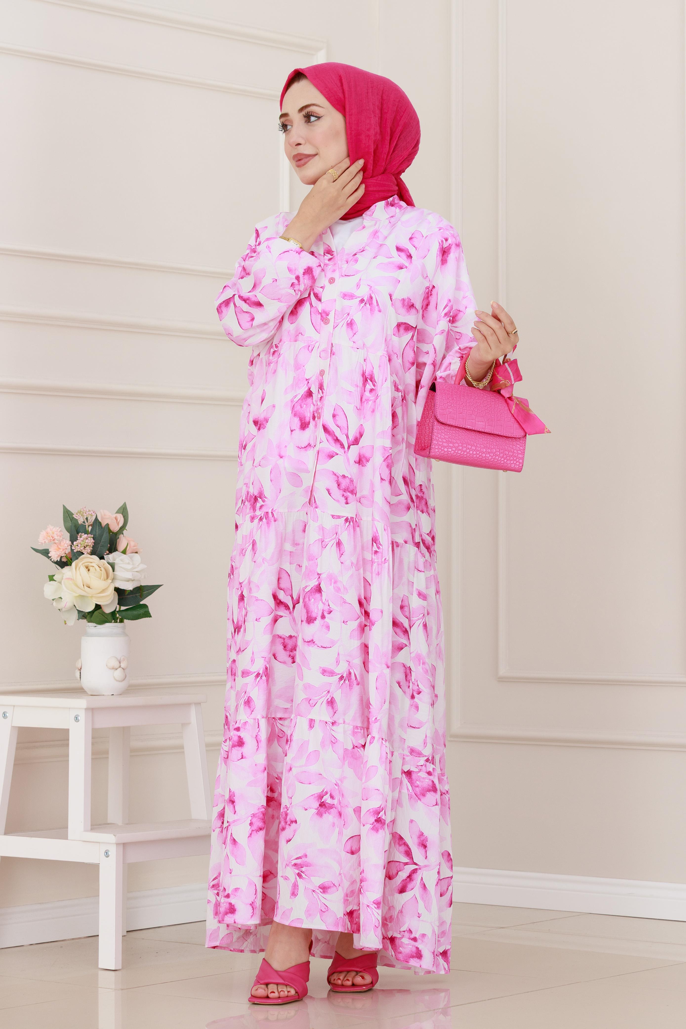 Yarım Düğmeli Lotus Elbise-Pembe