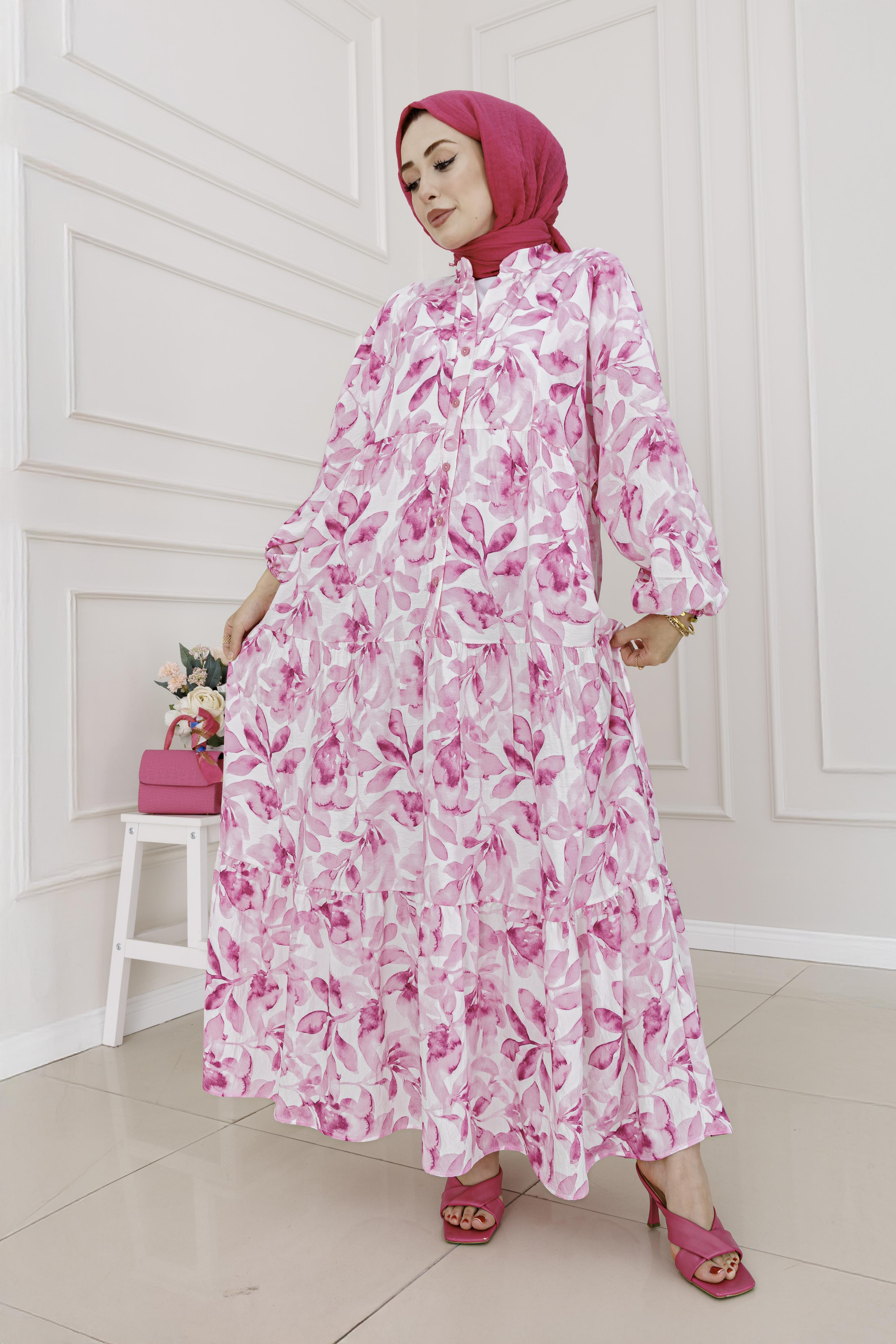 Yarım Düğmeli Lotus Elbise-Pembe