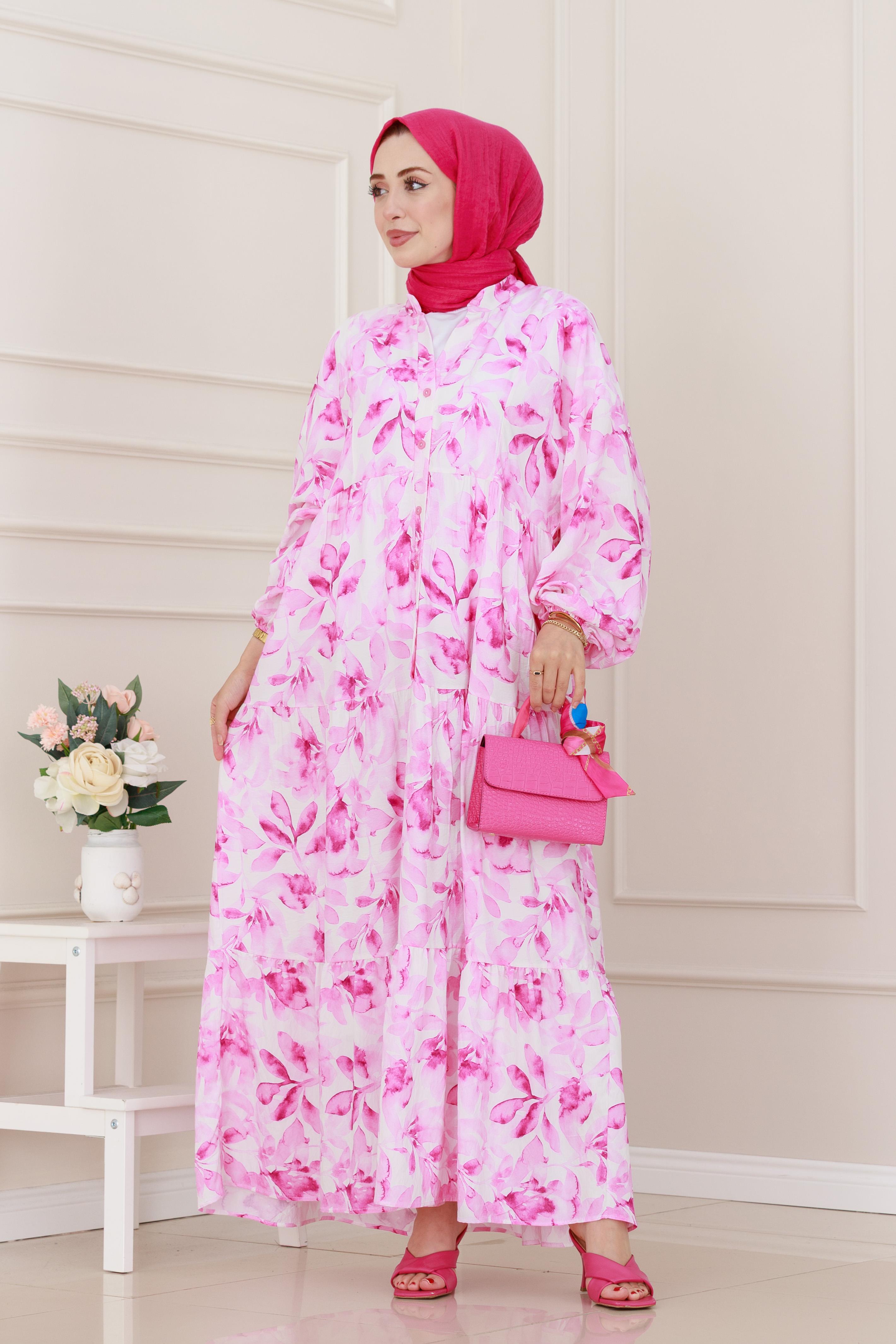 Yarım Düğmeli Lotus Elbise-Pembe