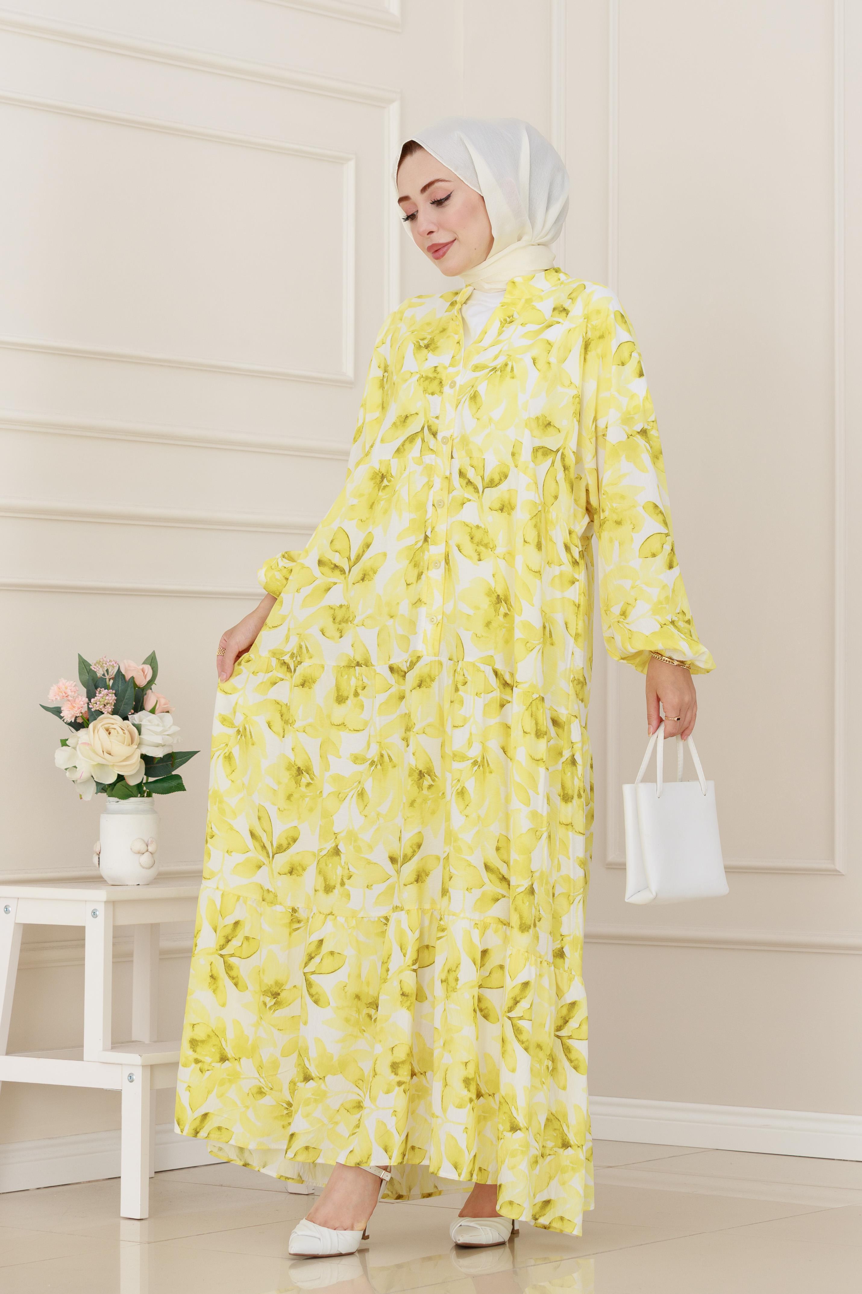 Yarım Düğmeli Lotus Elbise-Sarı