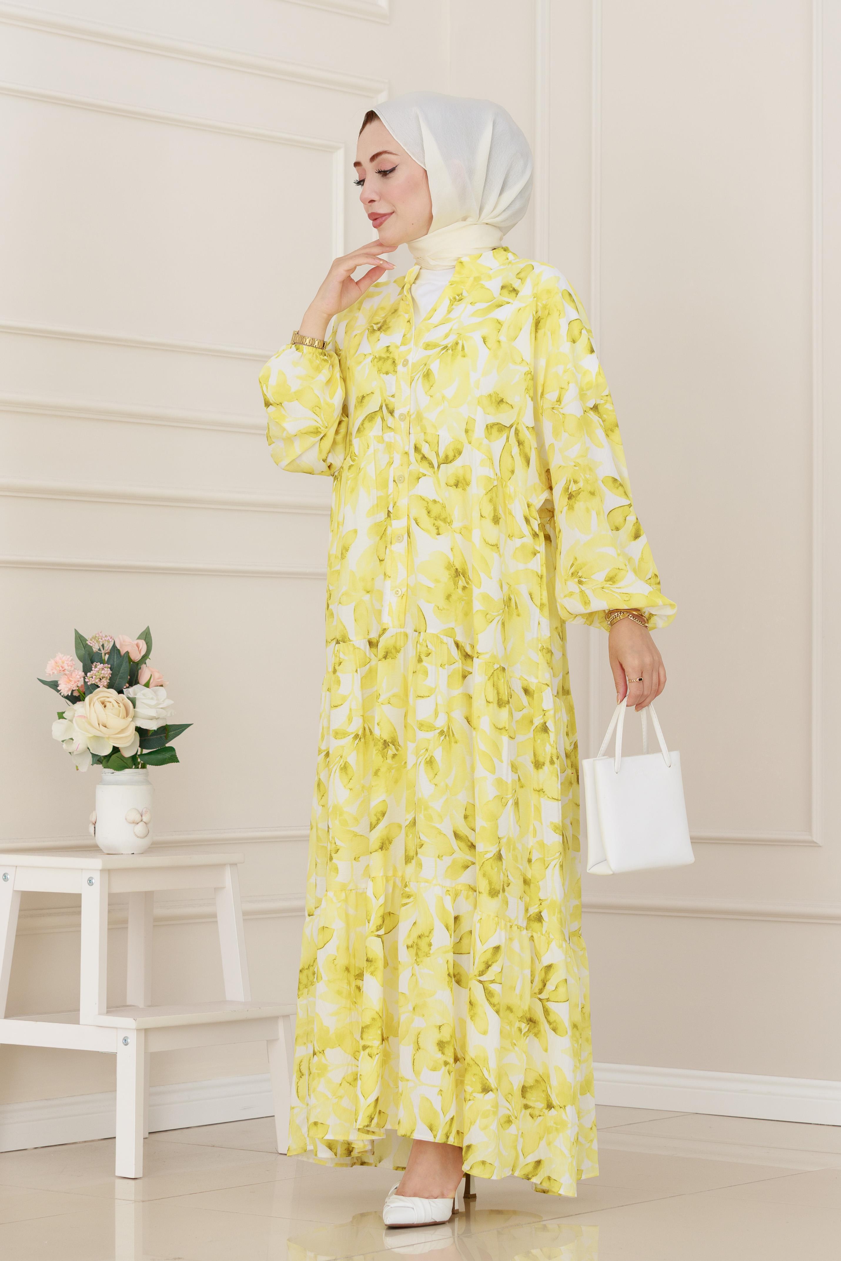 Yarım Düğmeli Lotus Elbise-Sarı