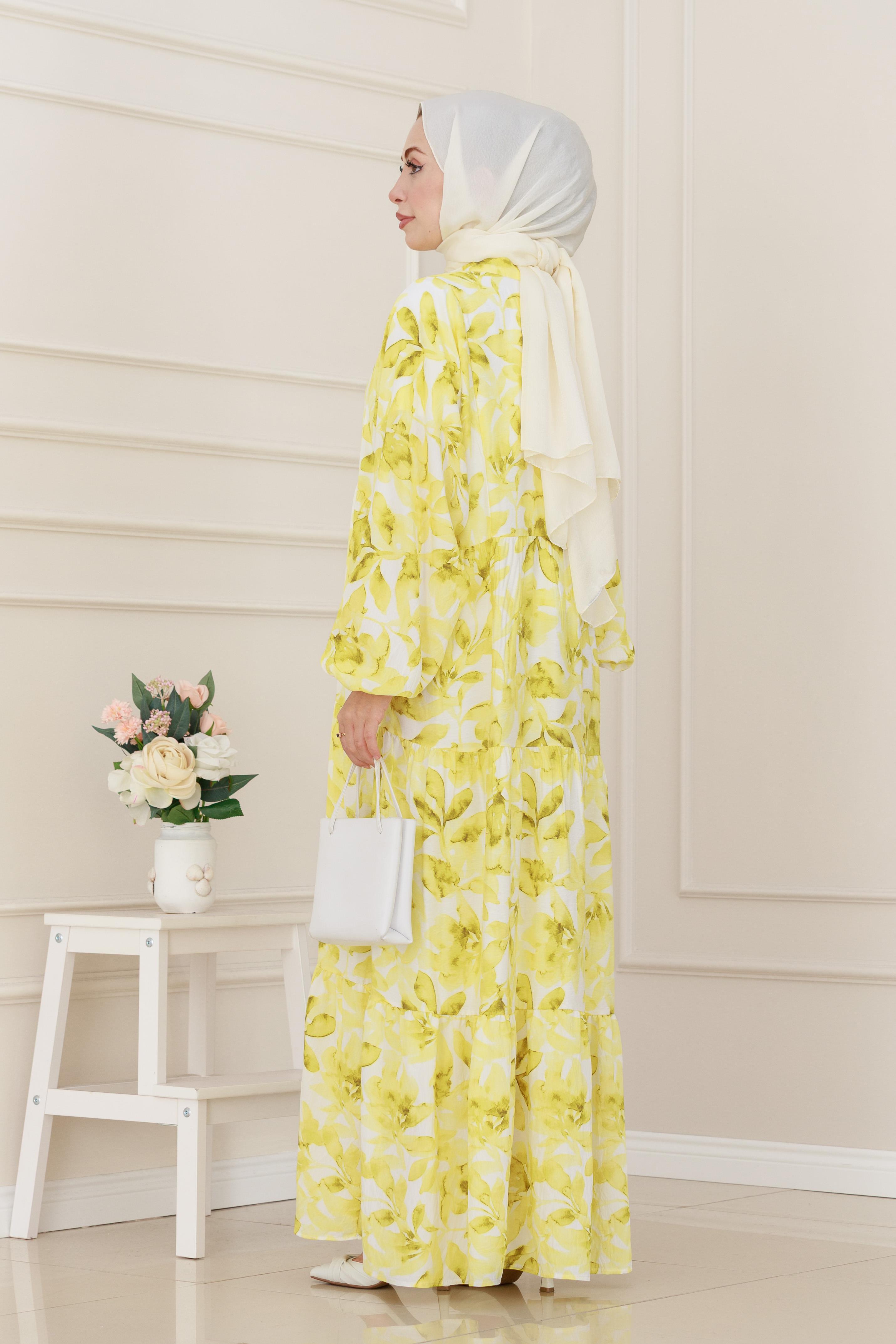 Yarım Düğmeli Lotus Elbise-Sarı