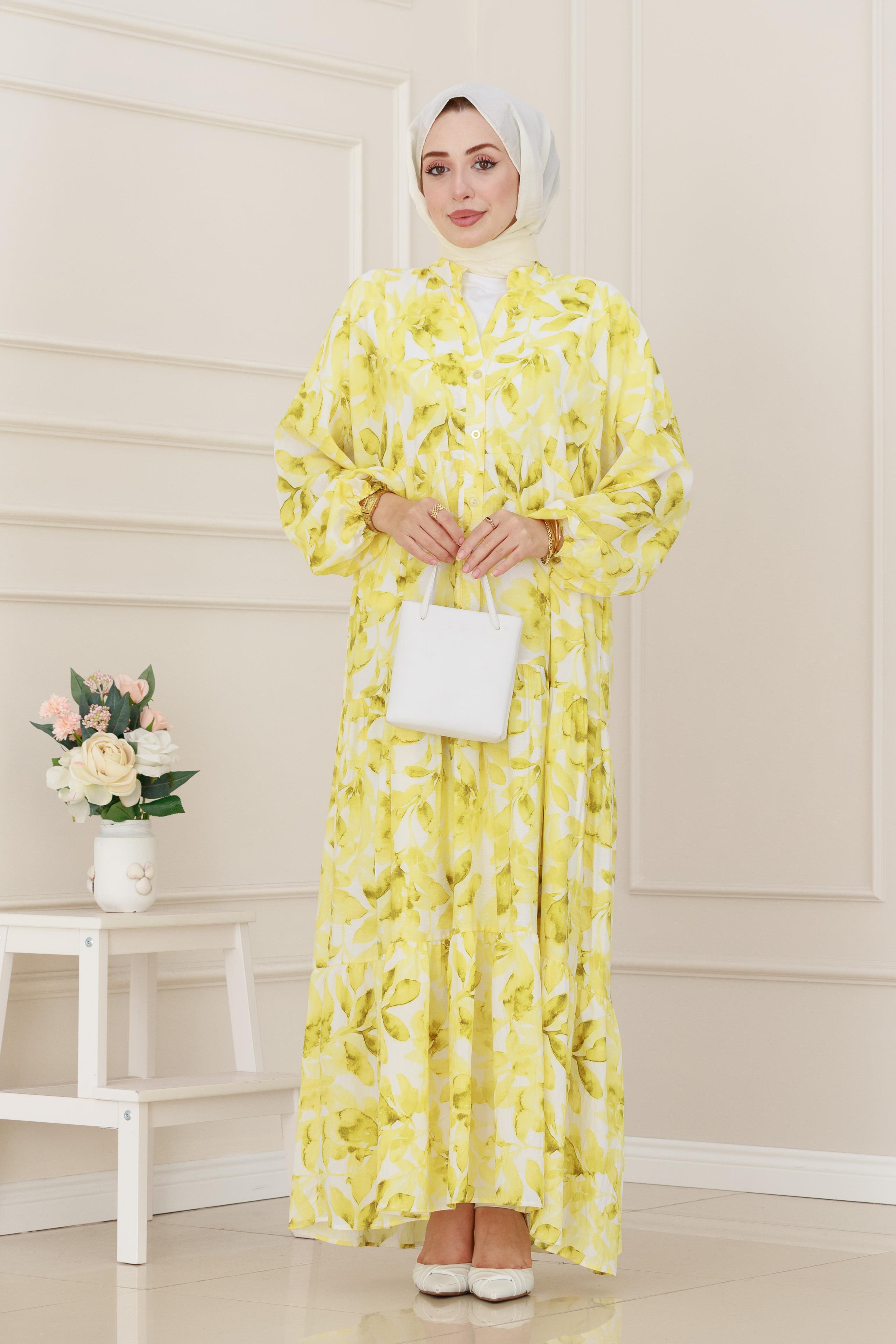 Yarım Düğmeli Lotus Elbise-Sarı