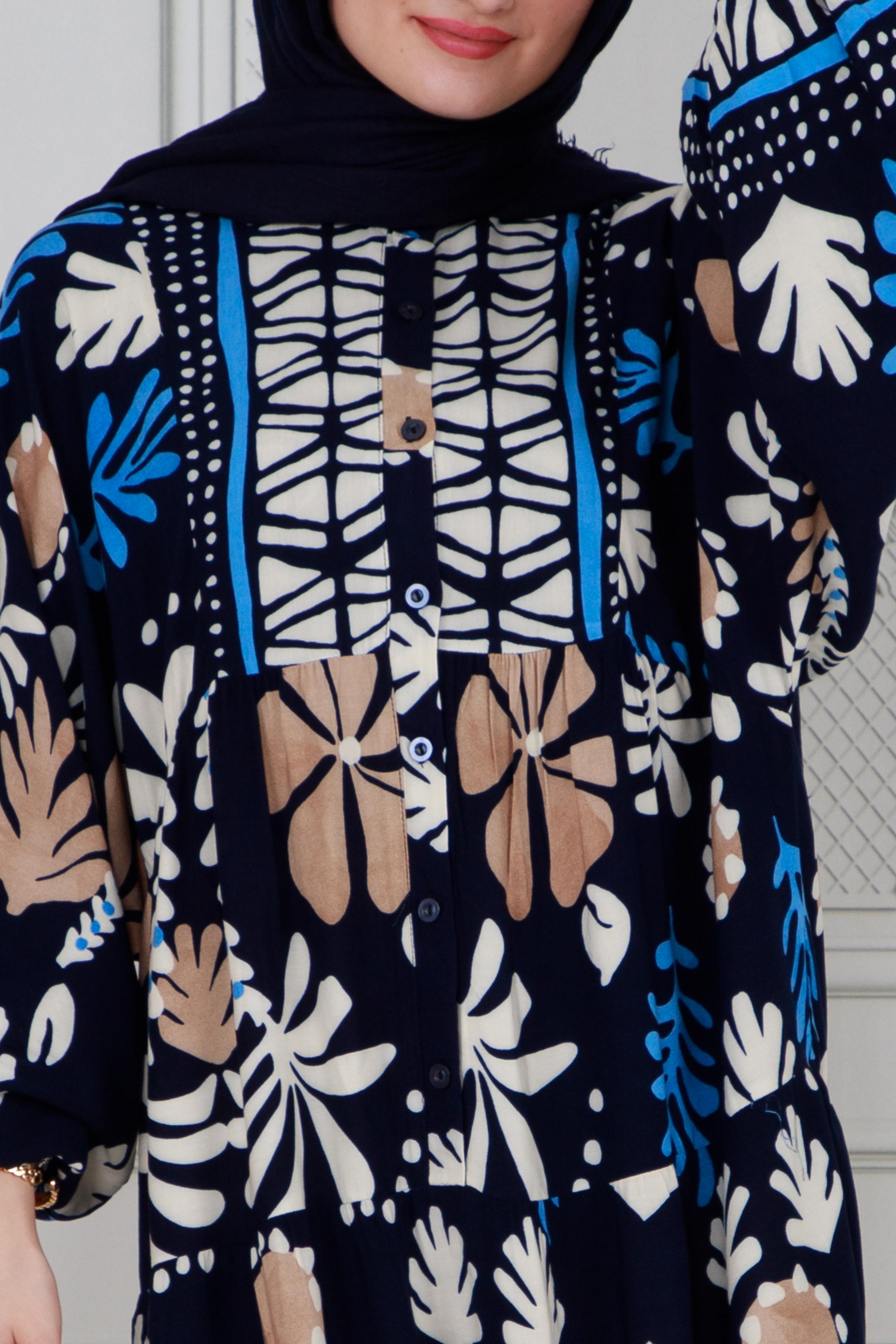 Half-buttoned seasonal hijab dress-dark bleu