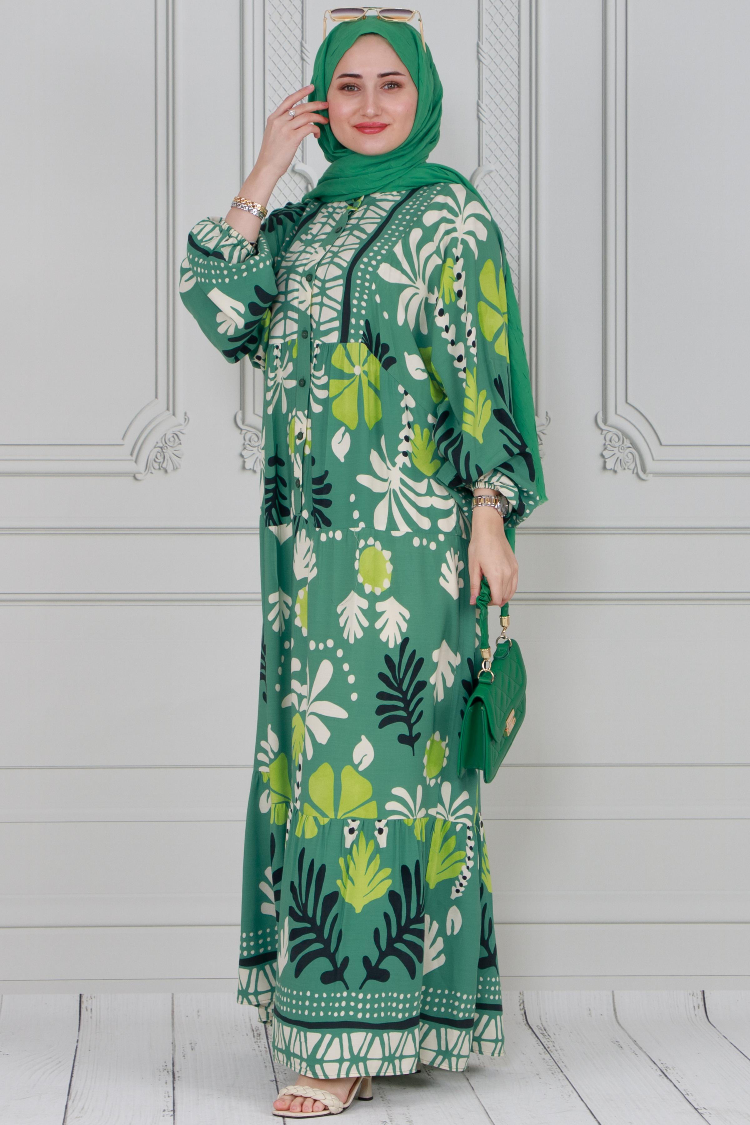 Half-buttoned seasonal hijab Dress-Green