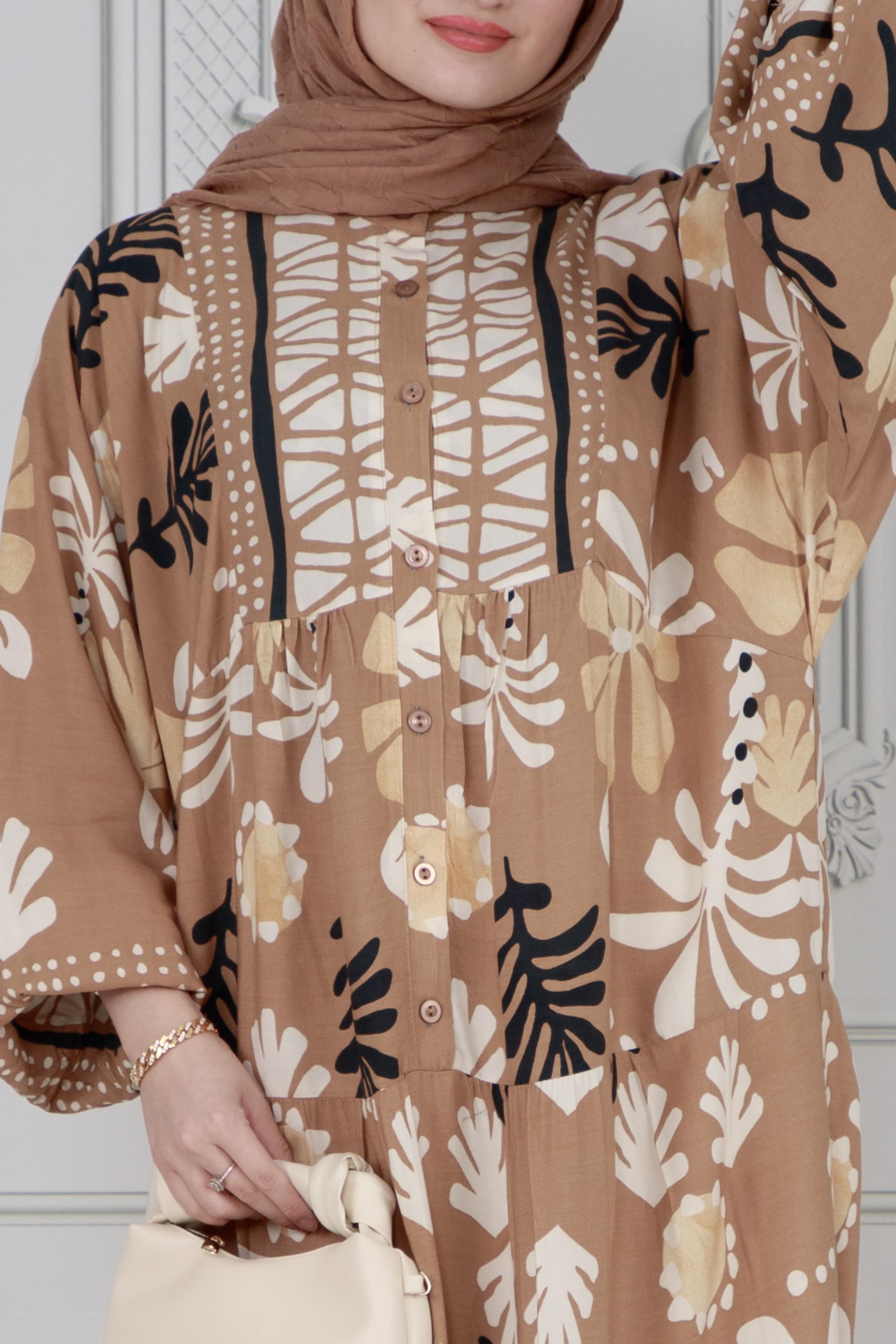Half-buttoned seasonal hijab dress-mink color 