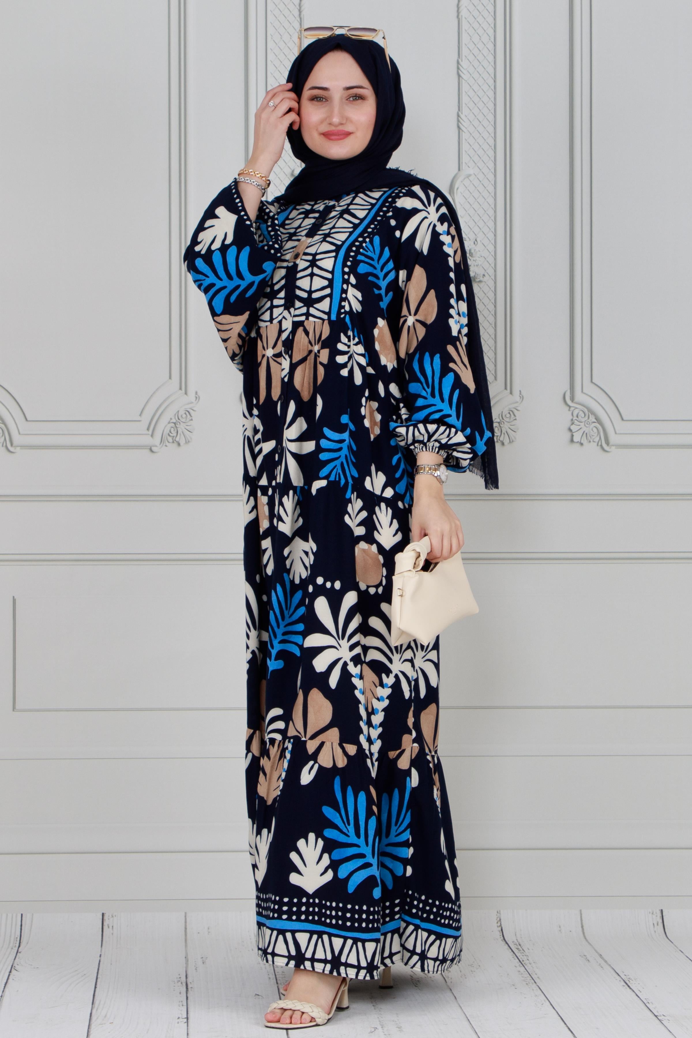 Half-buttoned seasonal hijab dress-dark bleu