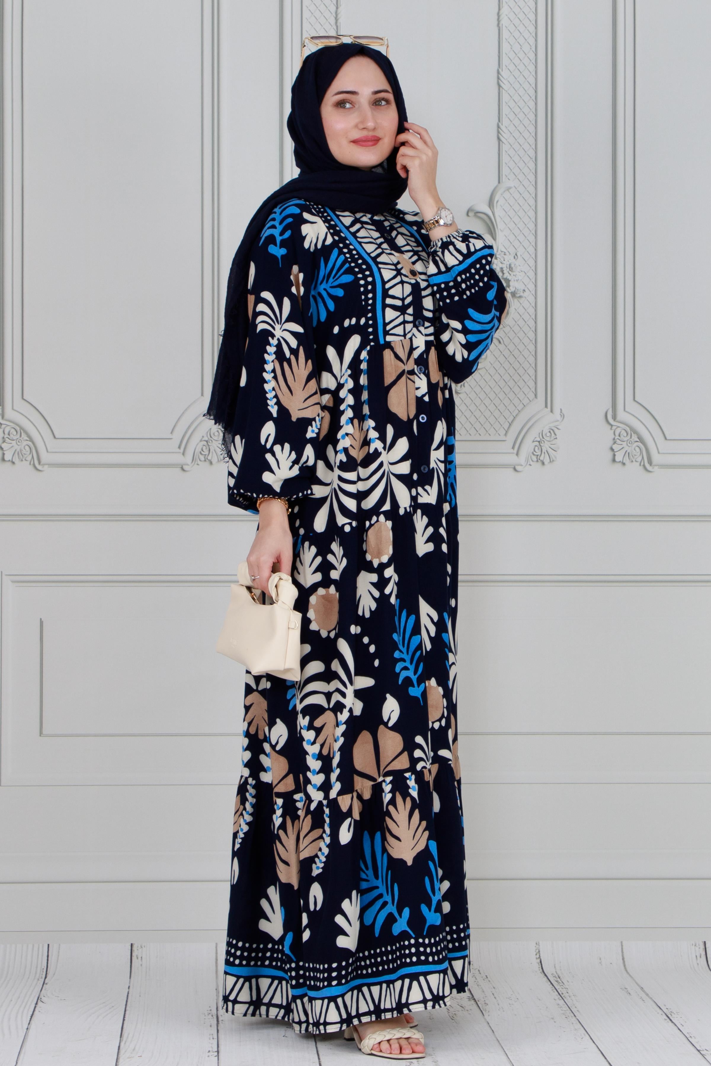 Half-buttoned seasonal hijab dress-dark bleu