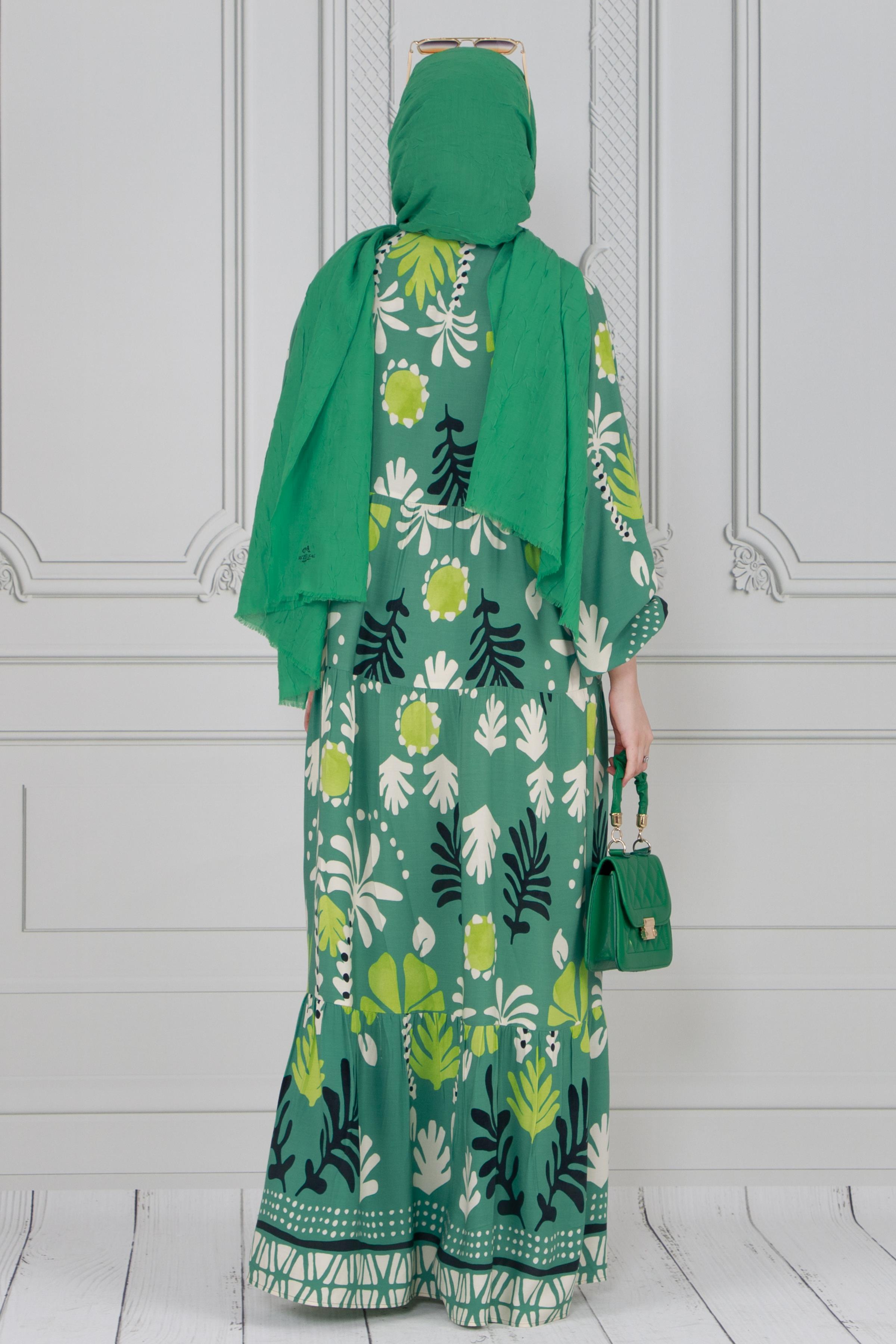 Half-buttoned seasonal hijab Dress-Green