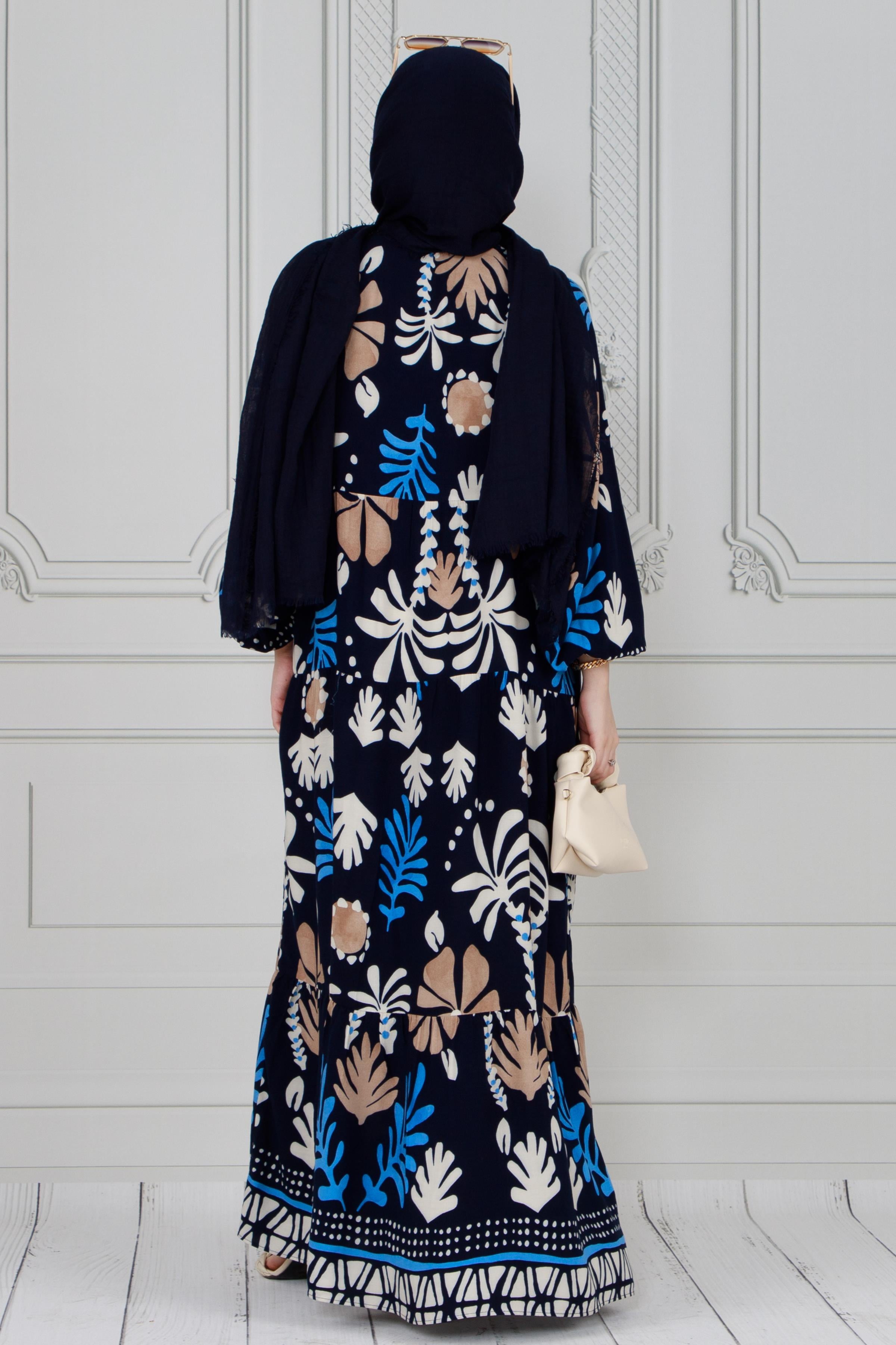 Half-buttoned seasonal hijab dress-dark bleu