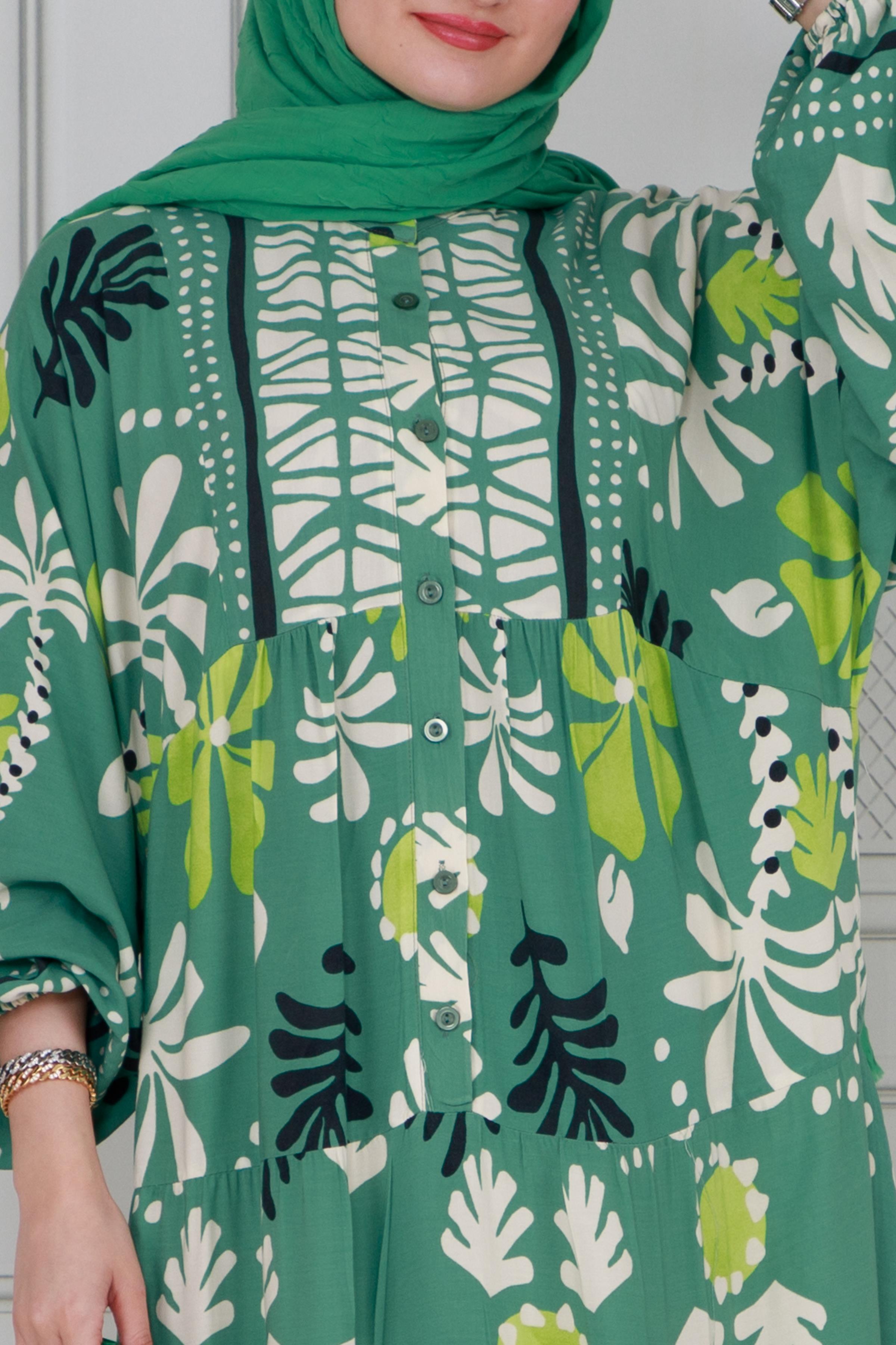 Half-buttoned seasonal hijab Dress-Green