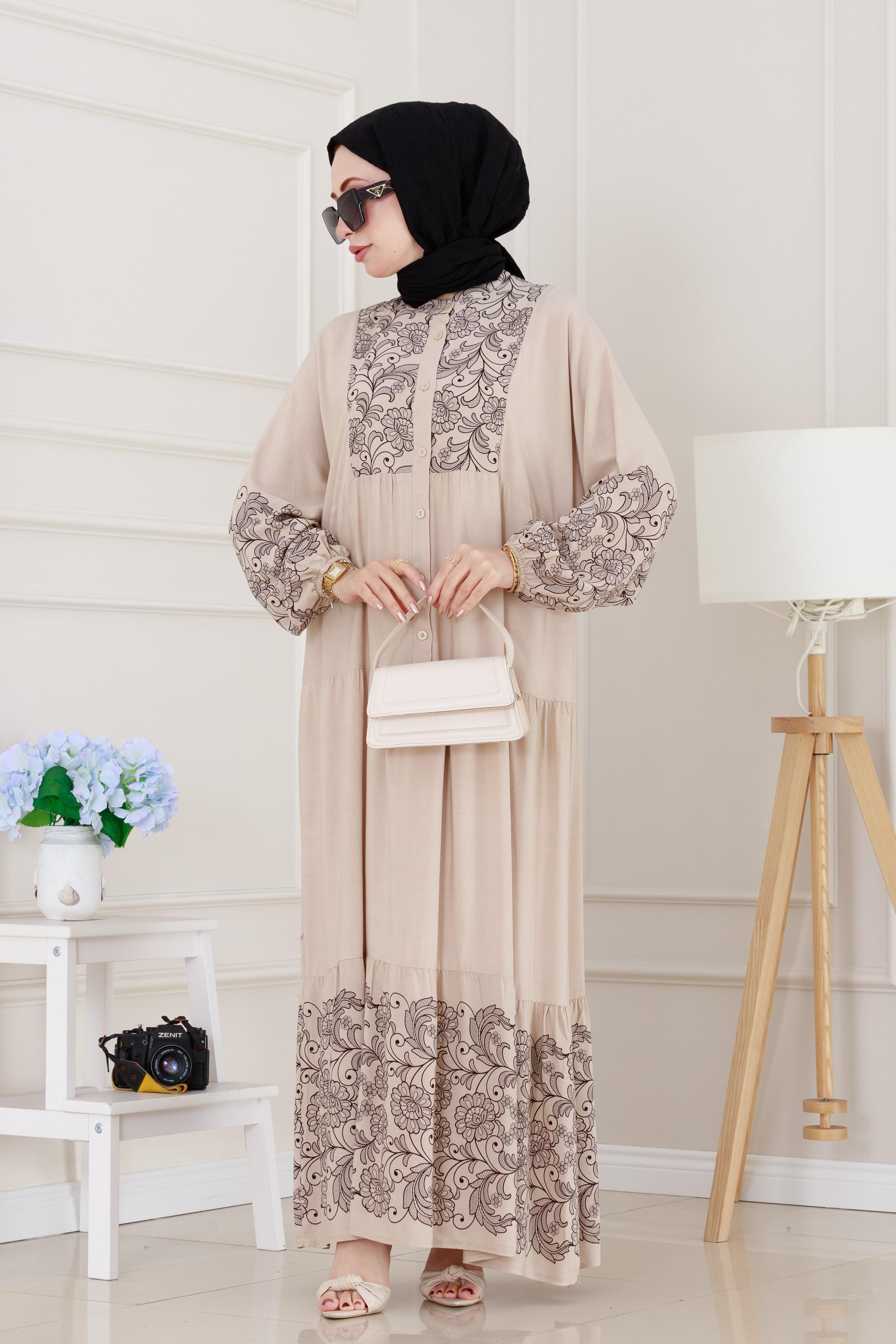 Yarım Düğmeli Robalı Beyza Elbise-Bej