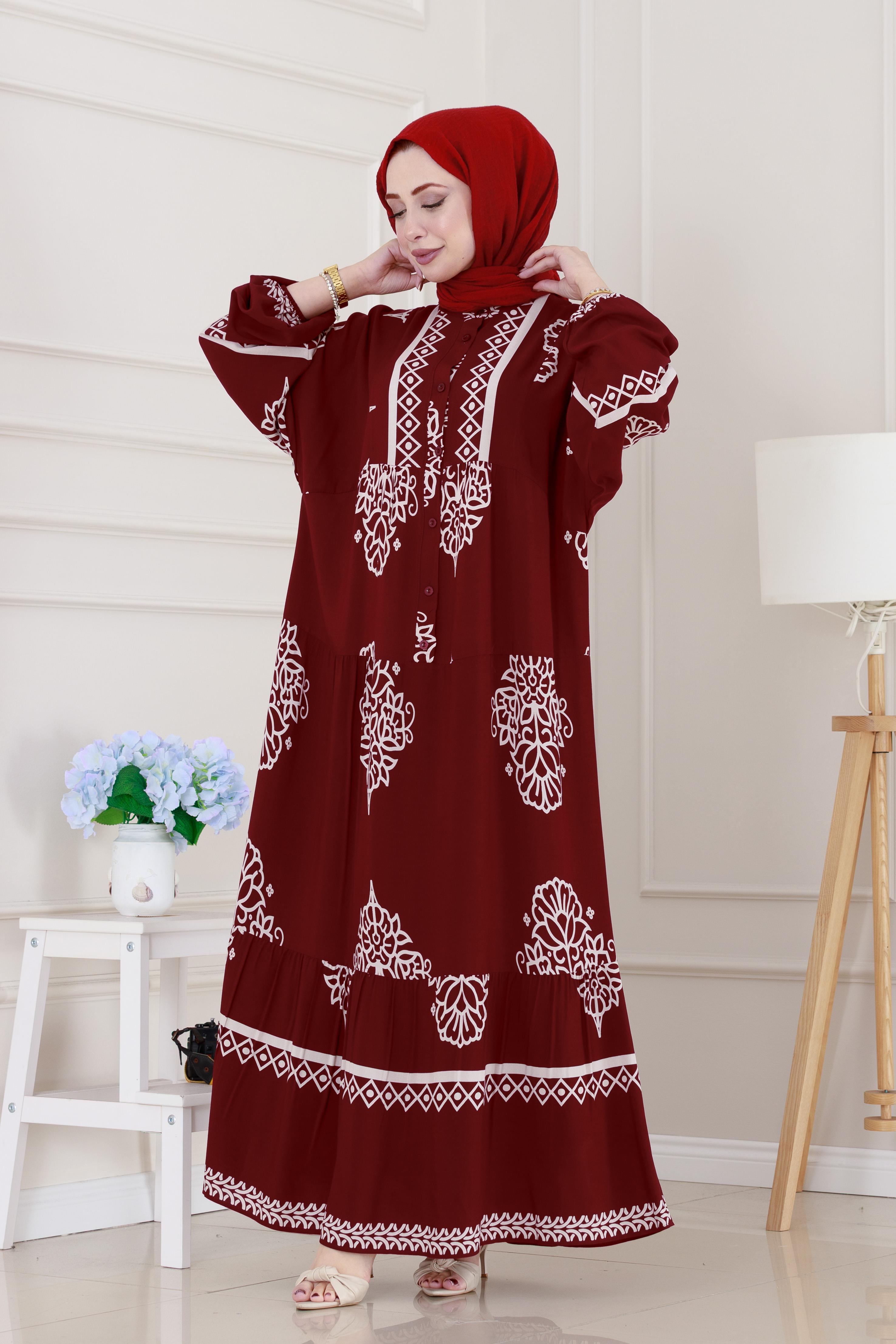 Yarım düğmeli Robalı Beyza Elbise-Bordo