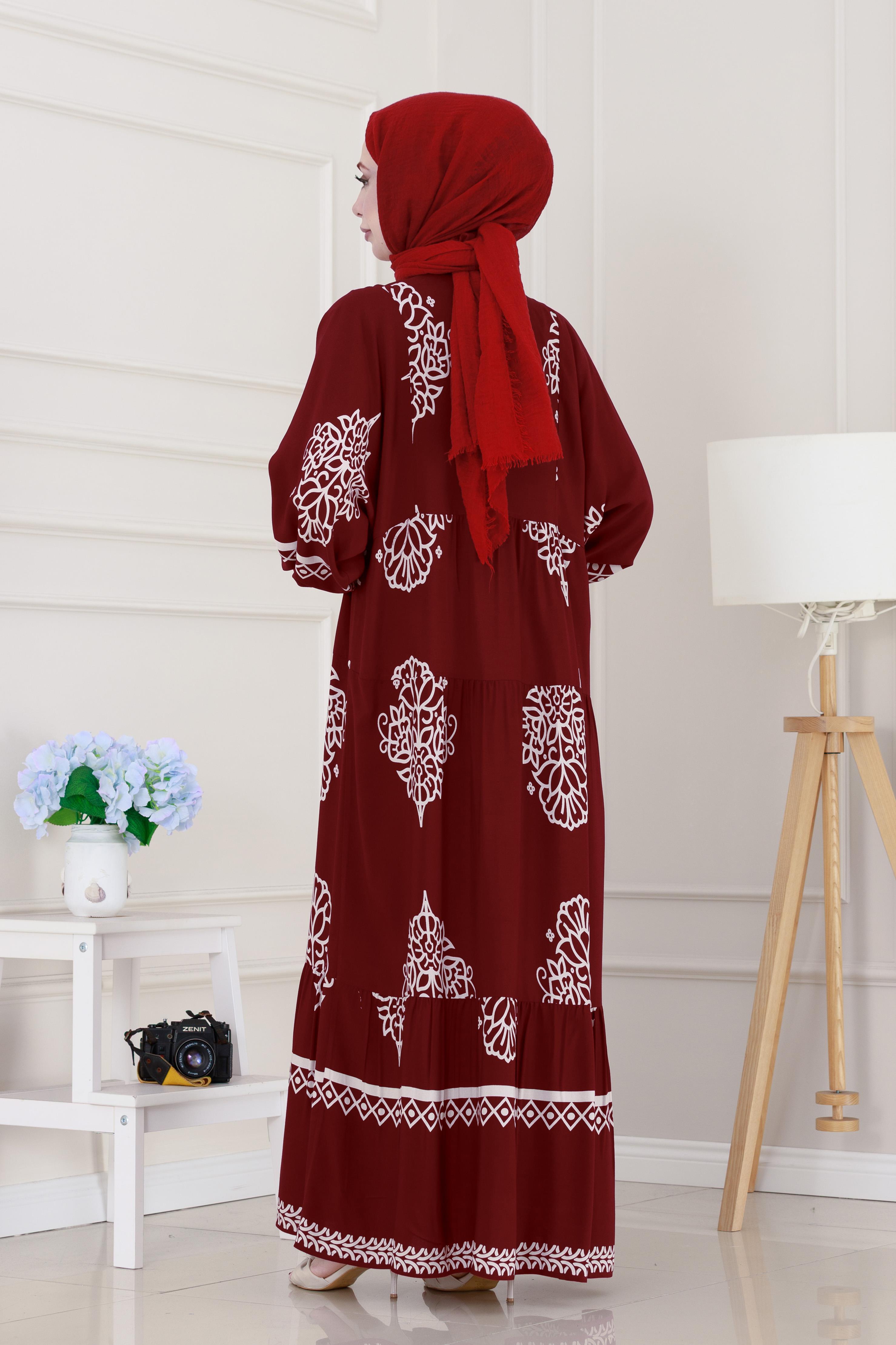 Yarım düğmeli Robalı Beyza Elbise-Bordo