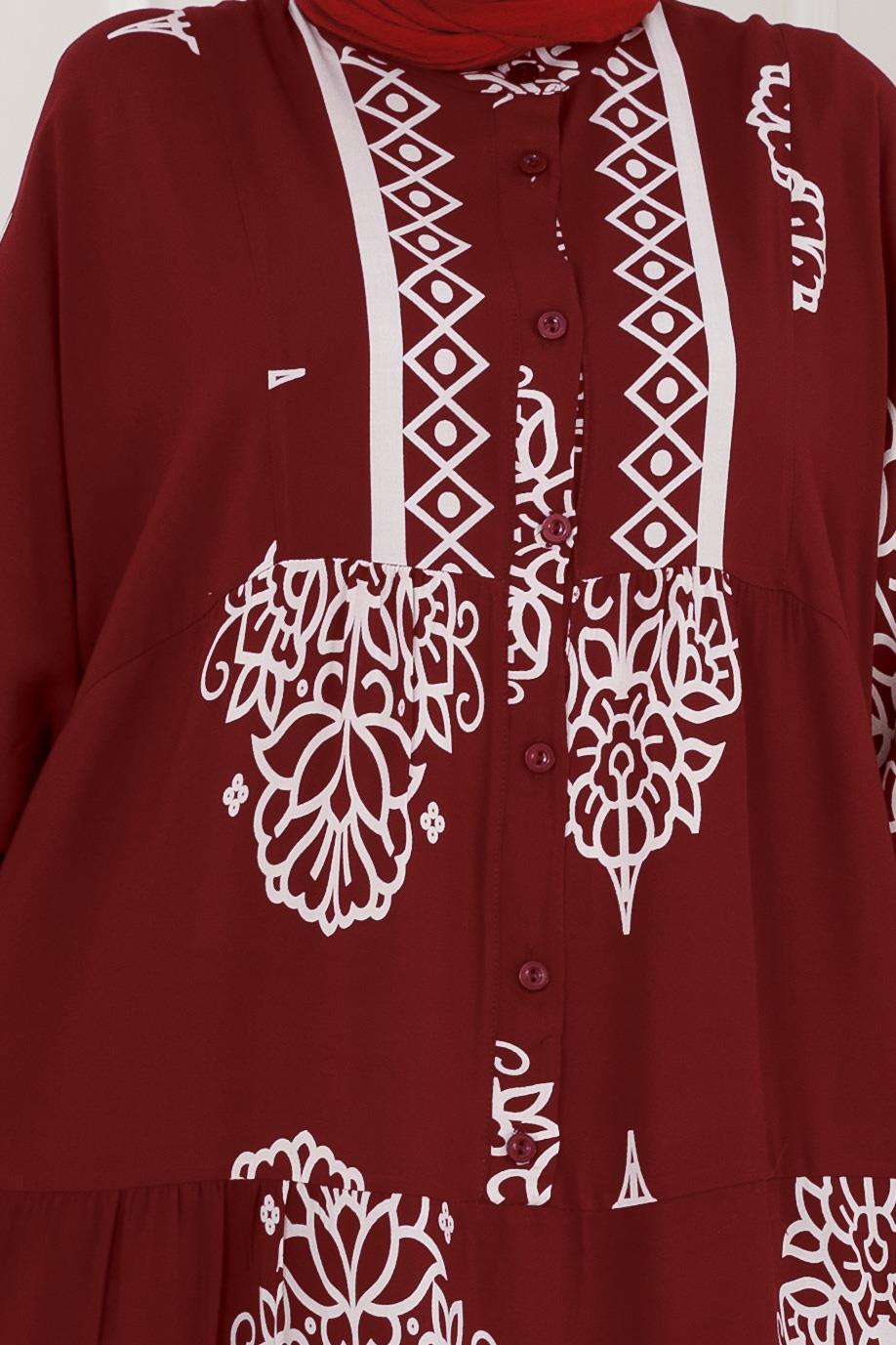 Yarım düğmeli Robalı Beyza Elbise-Bordo