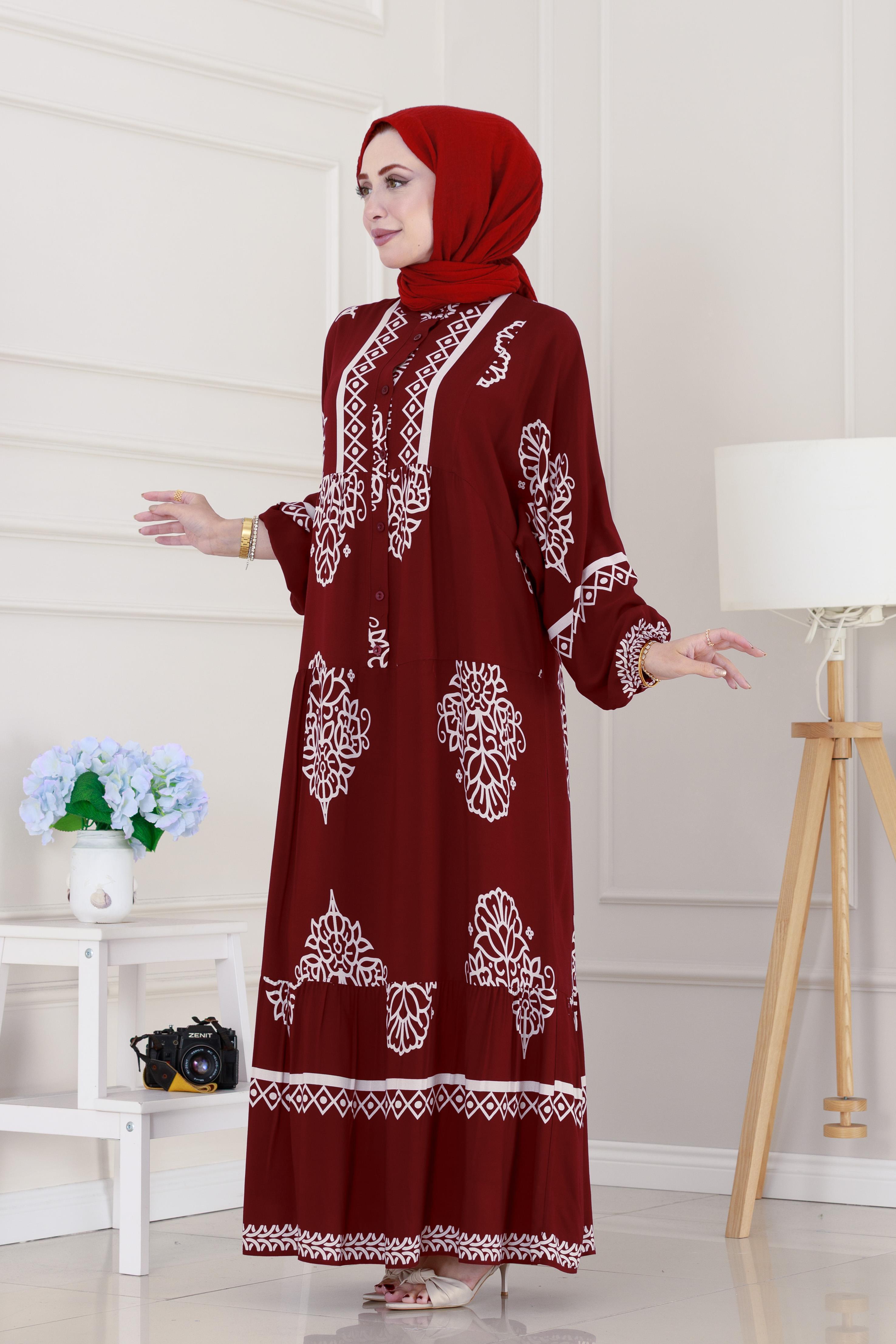 Yarım düğmeli Robalı Beyza Elbise-Bordo