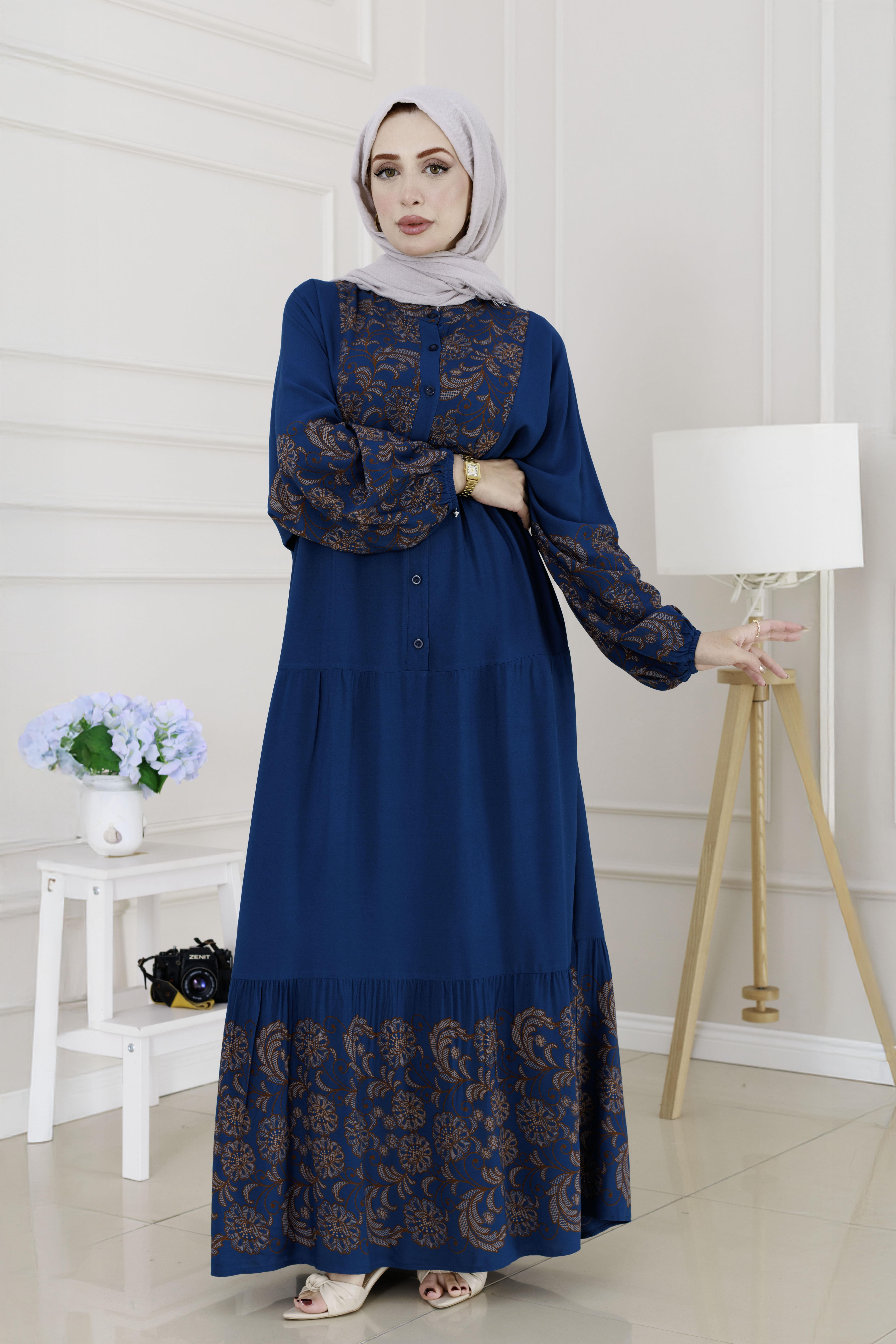 Yarım Düğmeli Robalı Beyza Elbise-İndigo