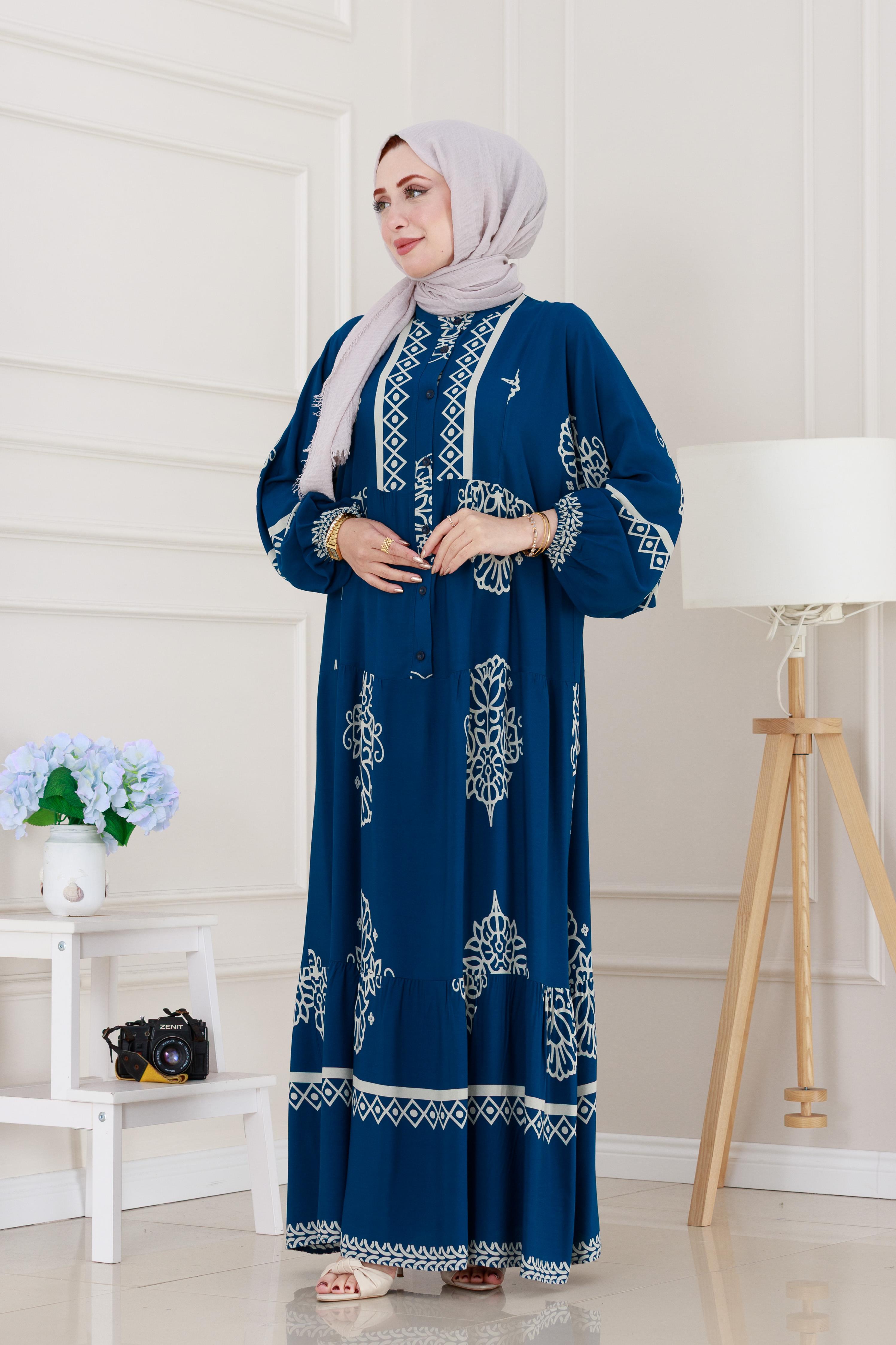 Yarım düğmeli Robalı Beyza Elbise-İndigo