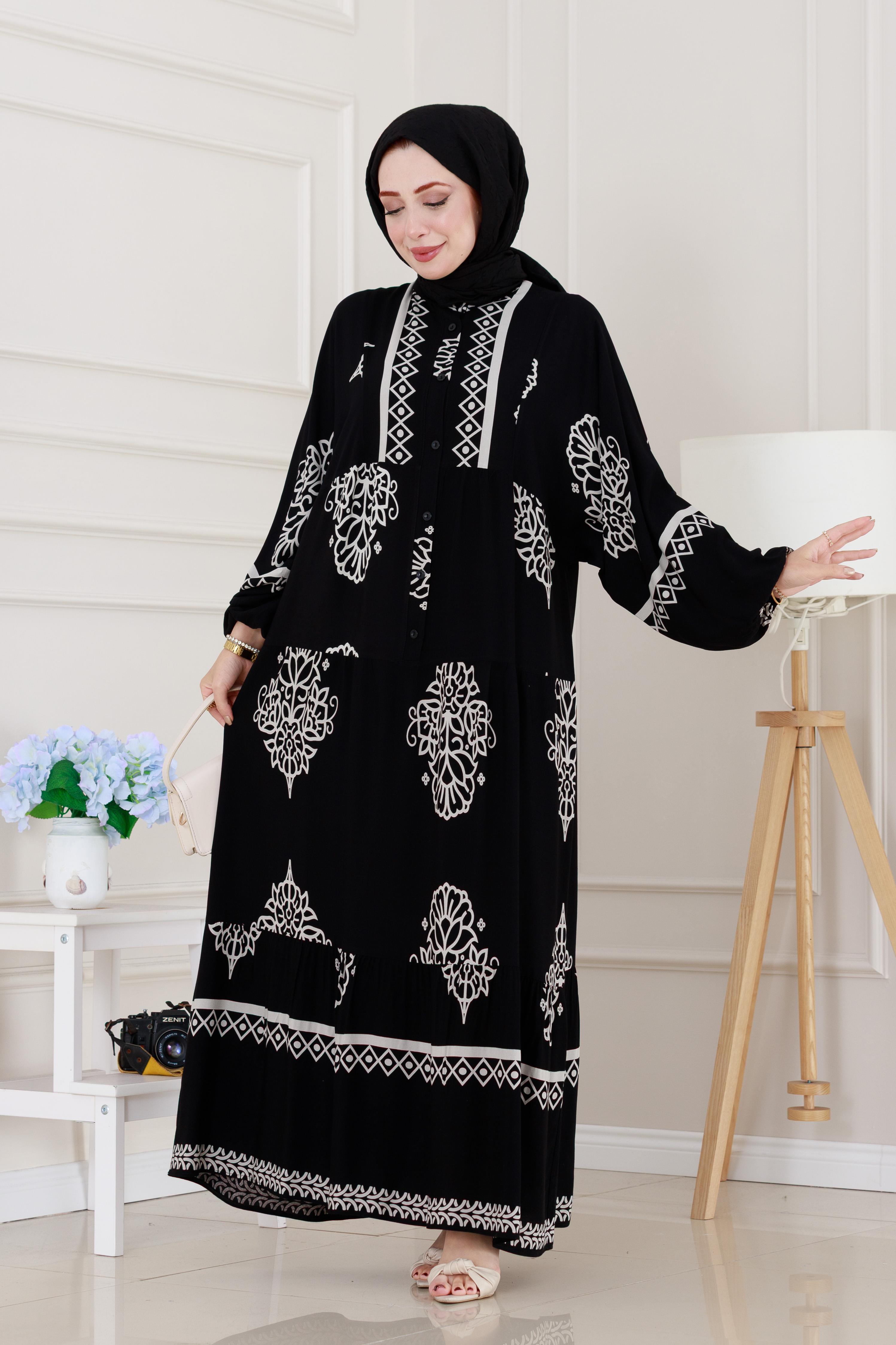 Yarım düğmeli Robalı Beyza Elbise-Siyah