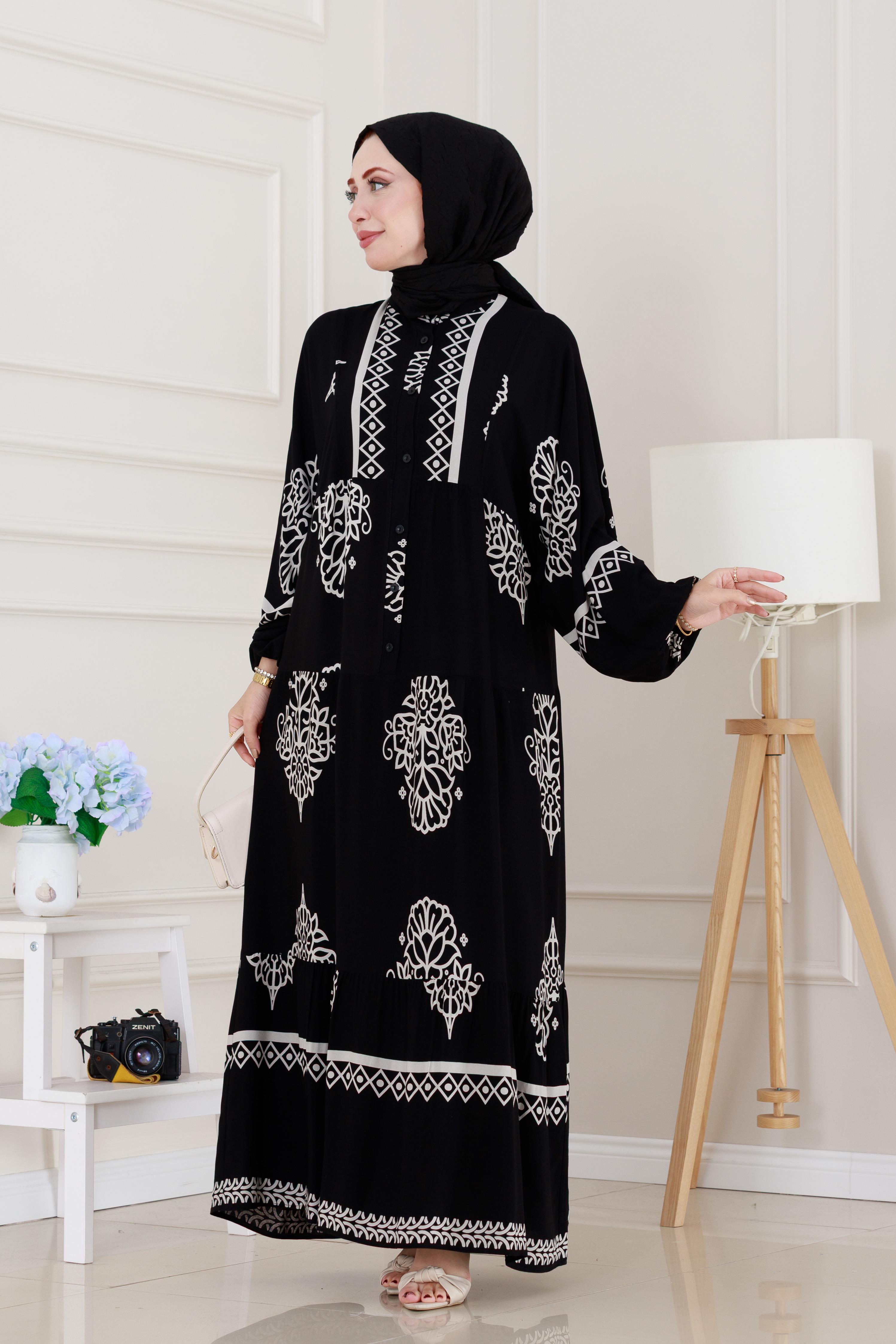 Yarım düğmeli Robalı Beyza Elbise-Siyah