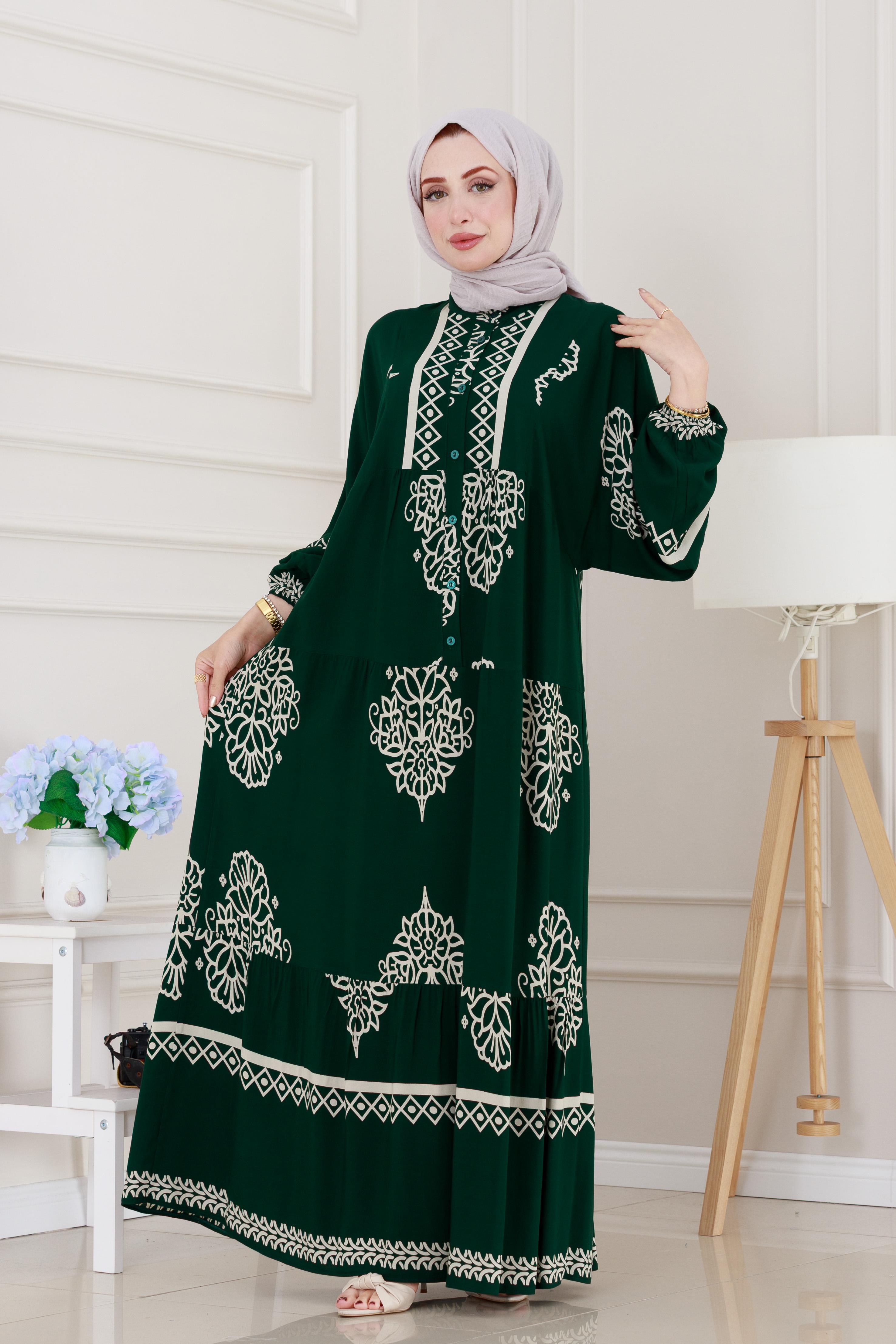 Yarım düğmeli Robalı Beyza Elbise-Yeşil