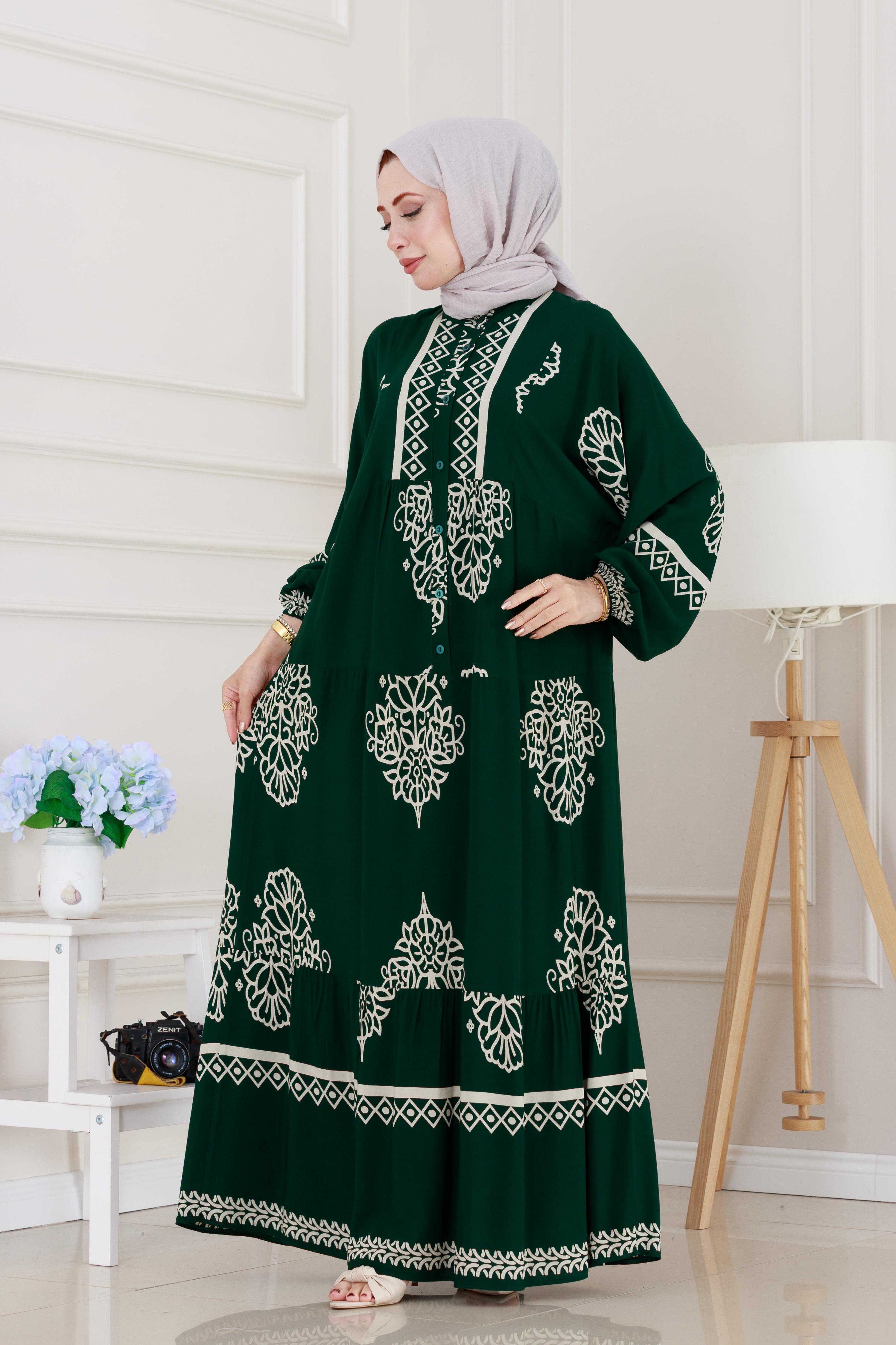 Yarım düğmeli Robalı Beyza Elbise-Yeşil