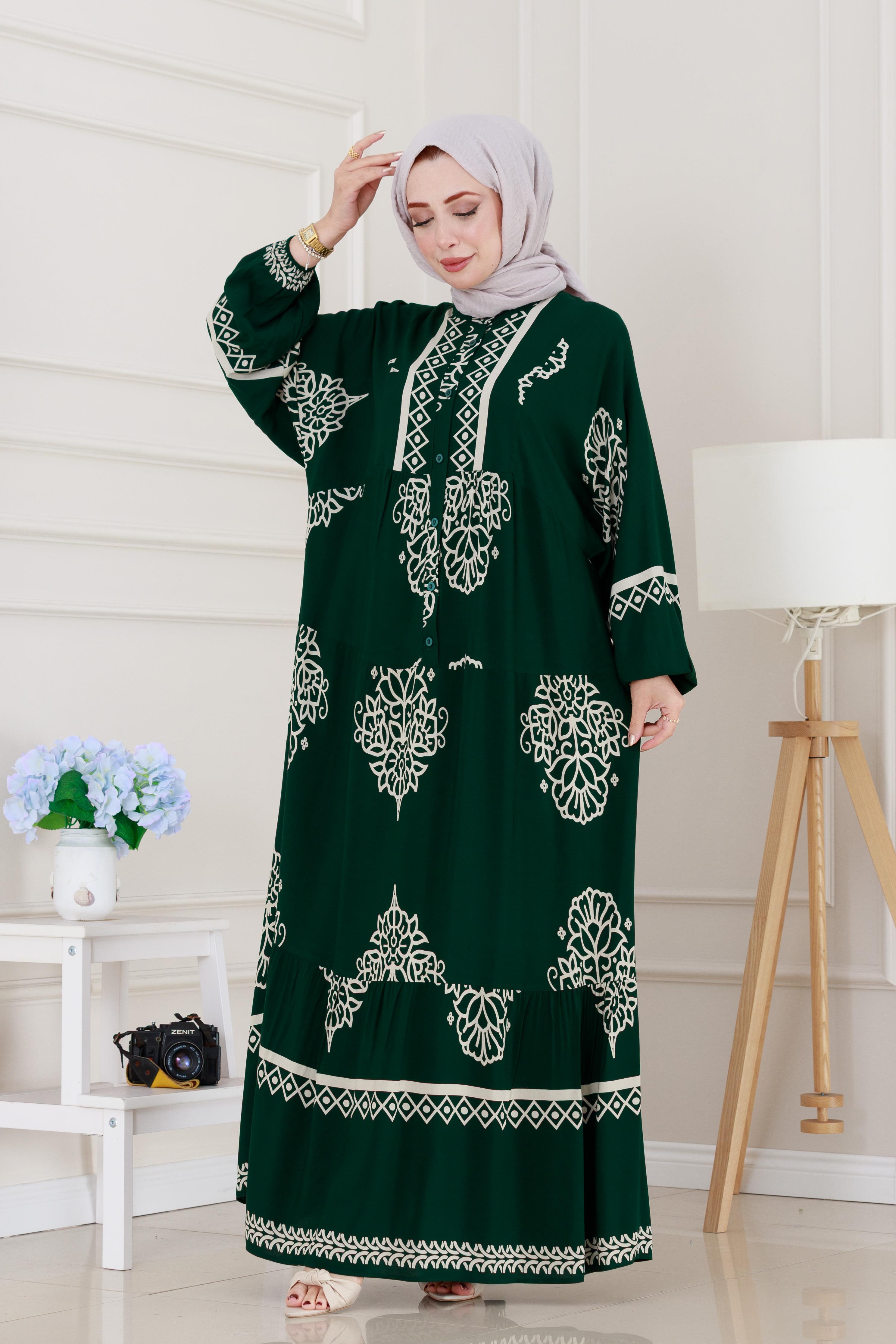 Yarım düğmeli Robalı Beyza Elbise-Yeşil