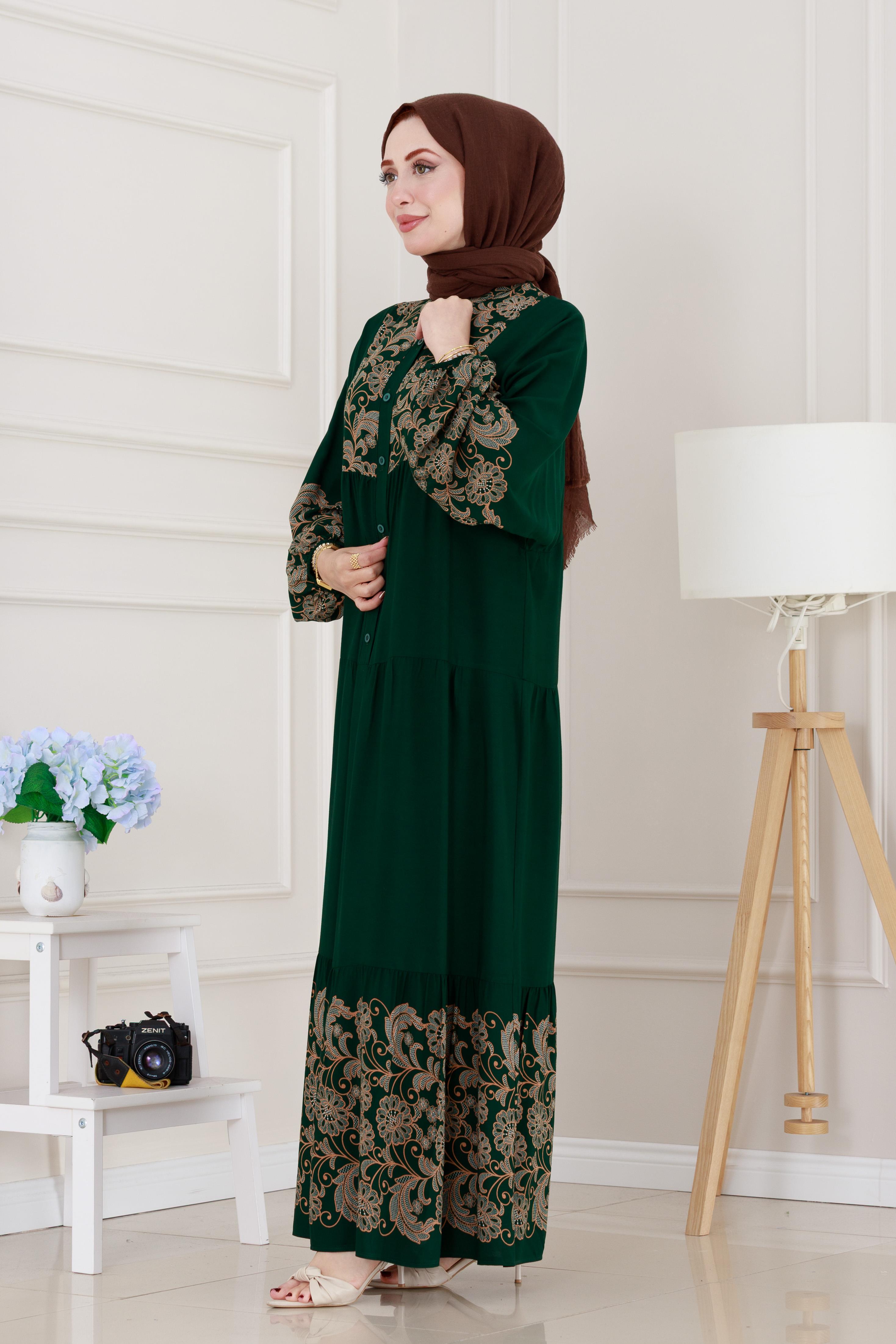 Yarım Düğmeli Robalı Beyza Elbise-Zümrüt Yeşili