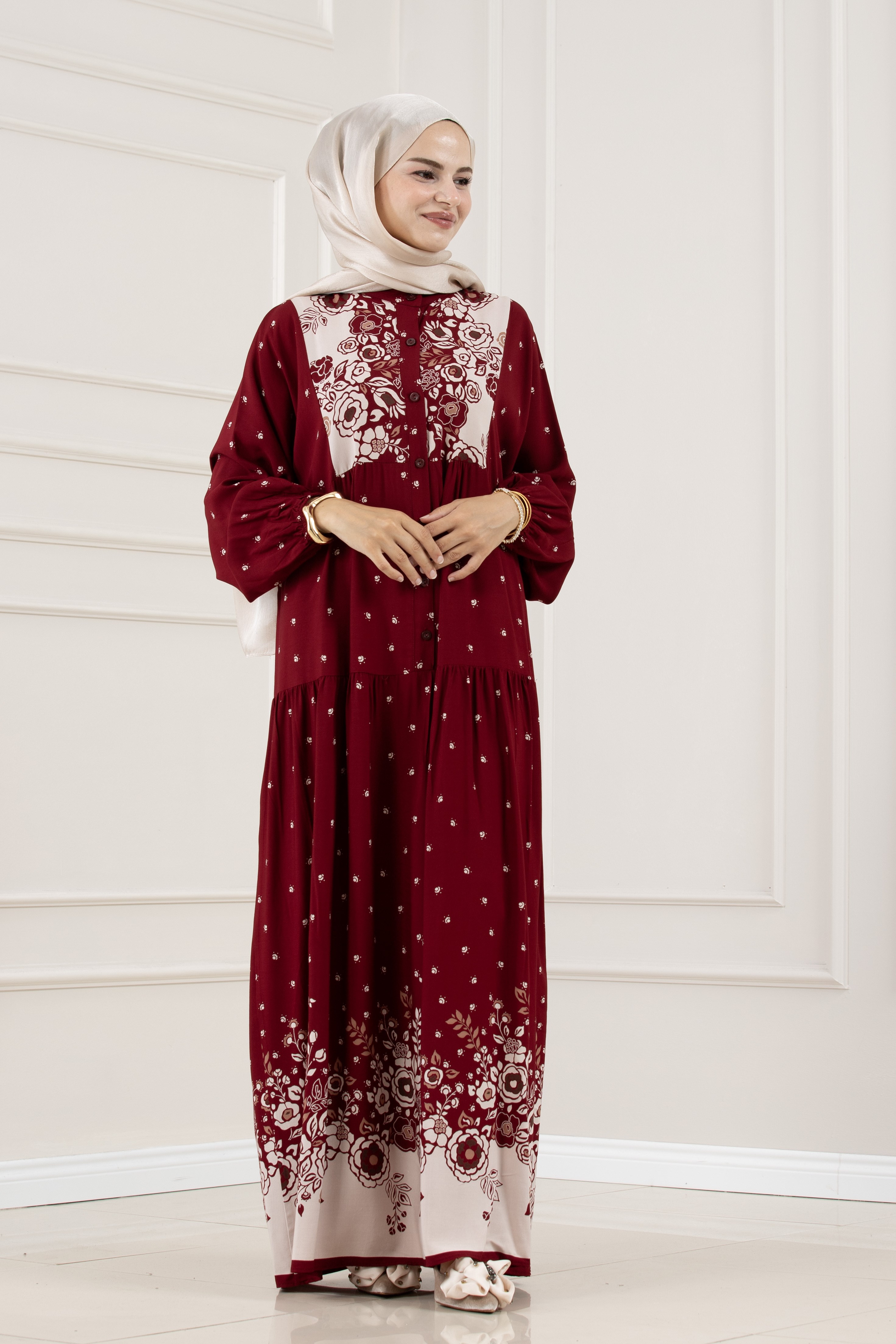 Yarım Düğmeli Robalı Damla Elbise-BORDO