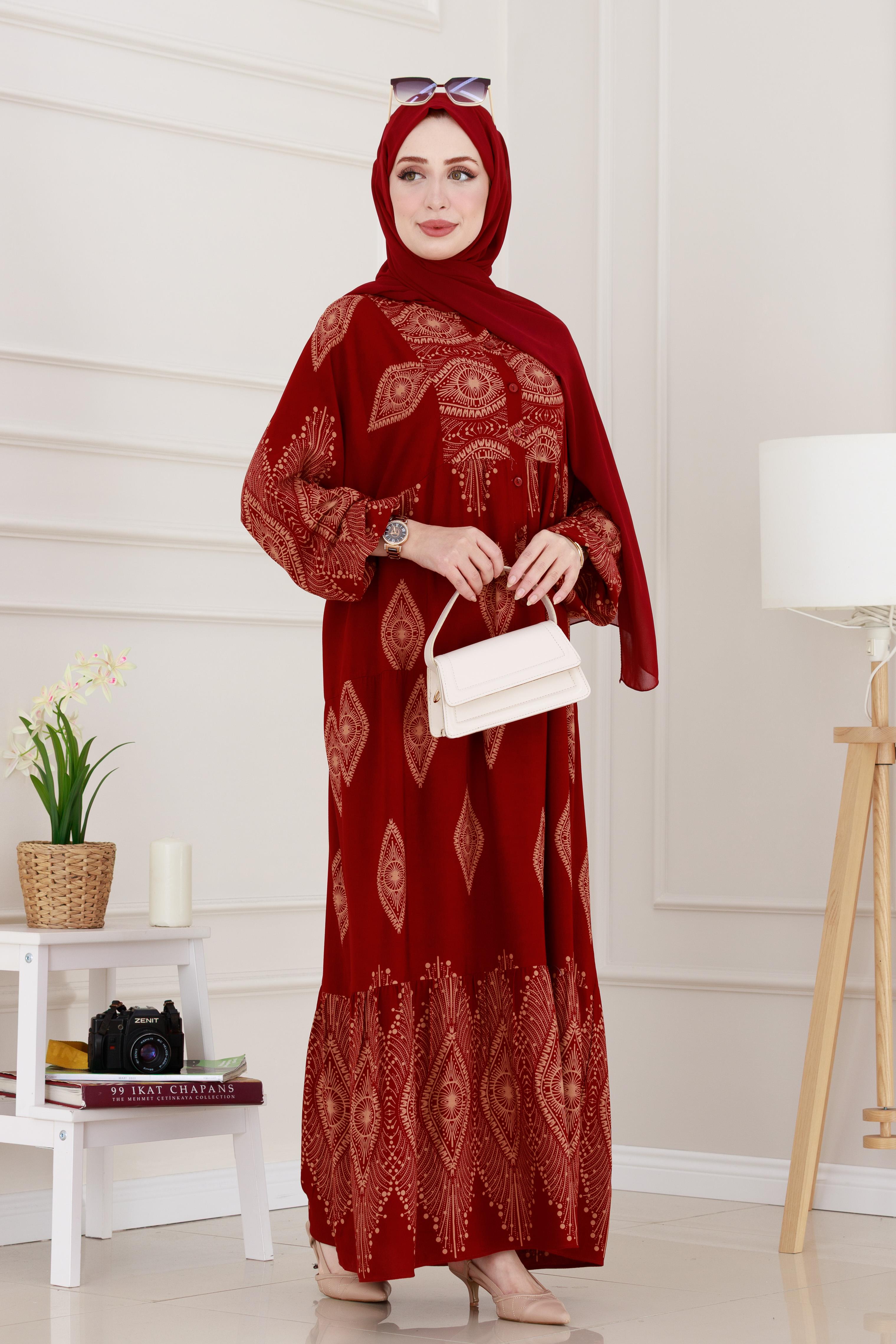 Yarım Düğmeli Robalı Hira Elbise-Bordo