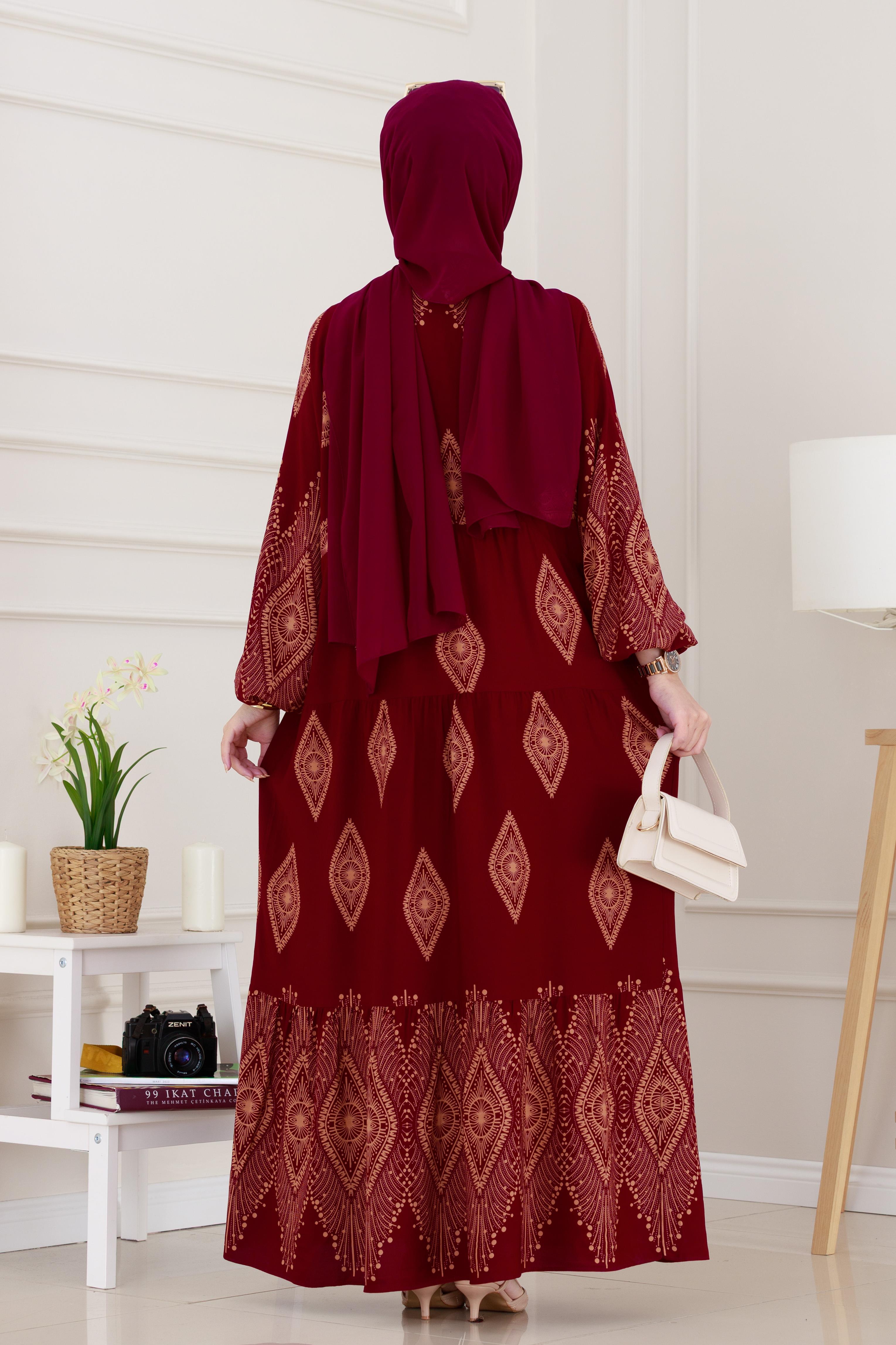 Yarım Düğmeli Robalı Hira Elbise-Bordo