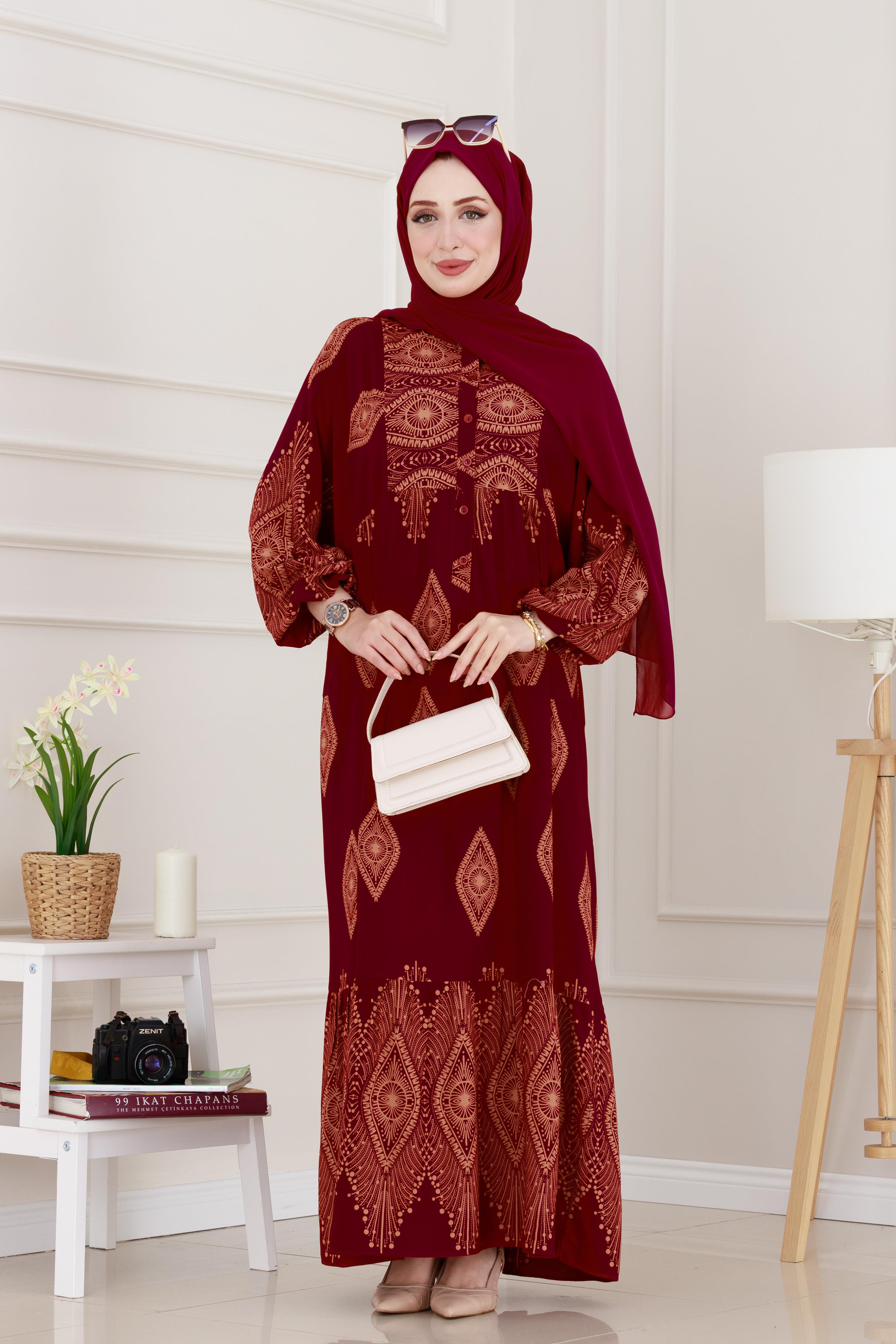 Yarım Düğmeli Robalı Hira Elbise-Bordo