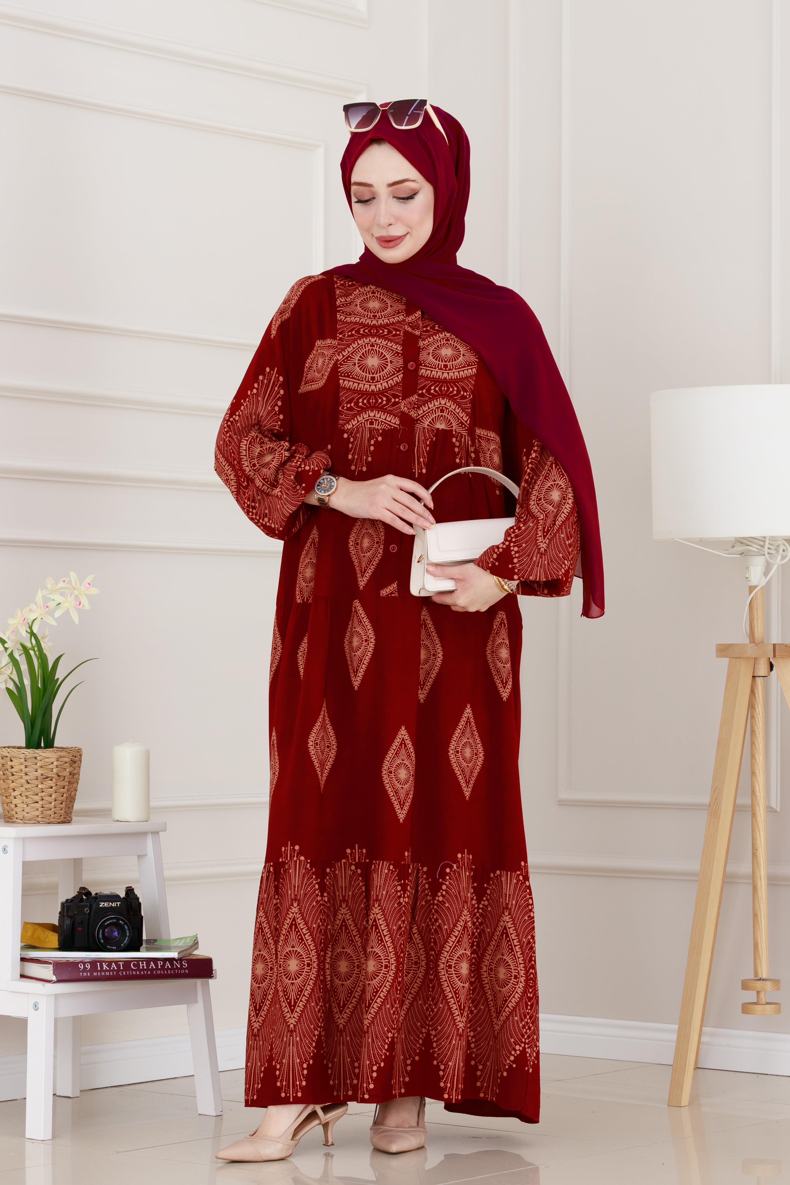 Yarım Düğmeli Robalı Hira Elbise-Bordo
