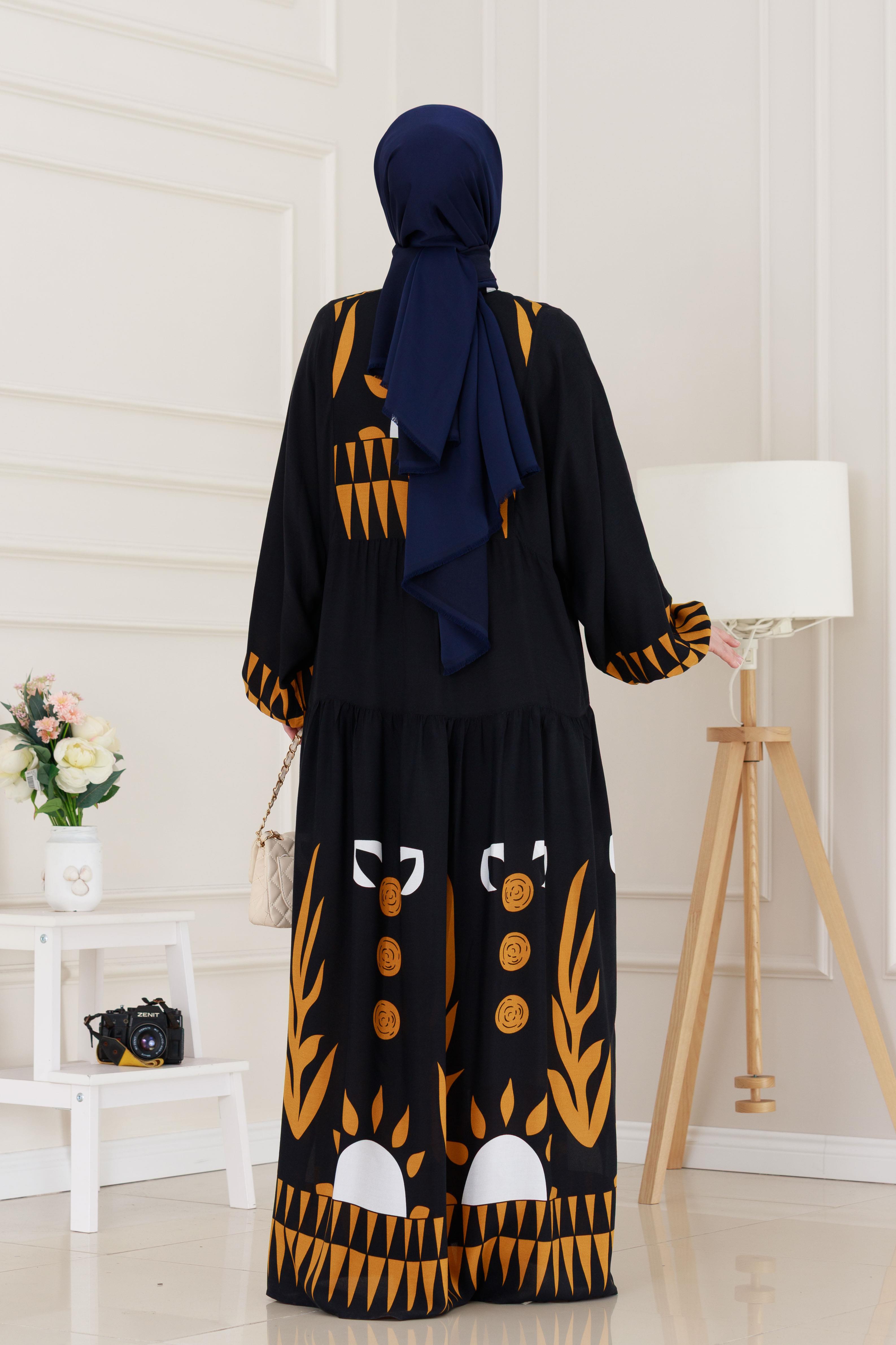 Yarım Düğmeli Robalı Hülya Elbise-Siyah