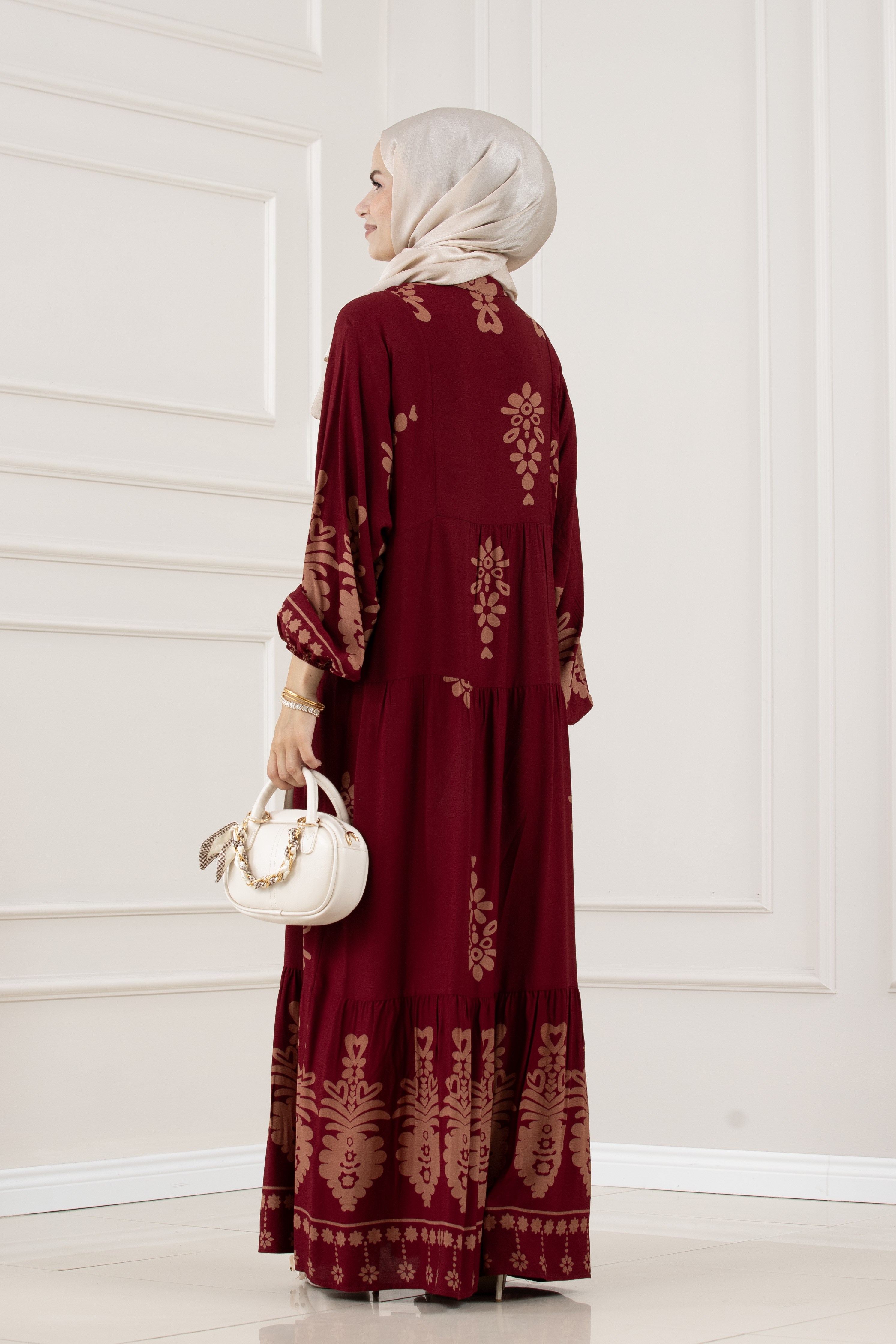Yarım Düğmeli Robalı Nesrin Elbise-BORDO