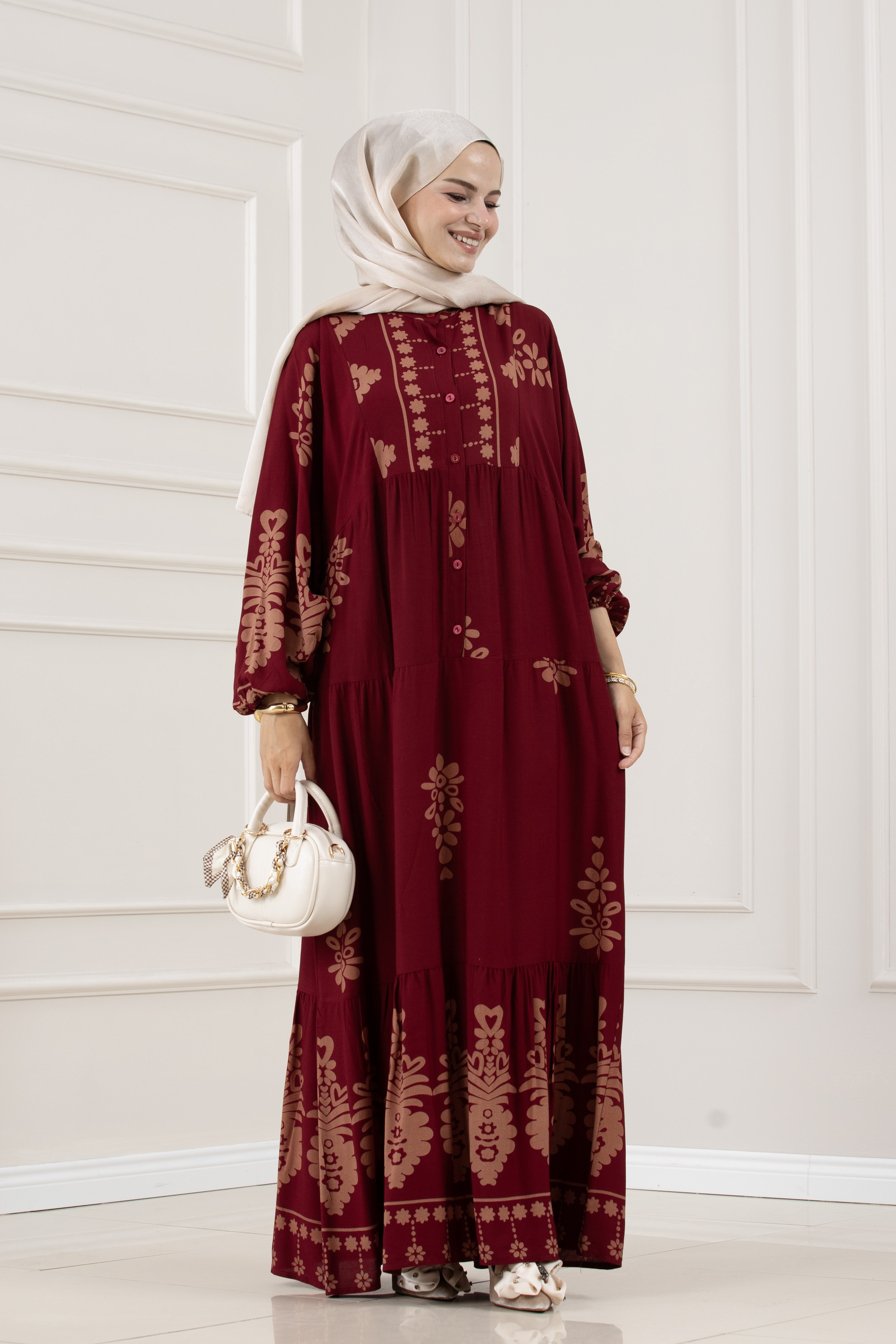 Yarım Düğmeli Robalı Nesrin Elbise-BORDO