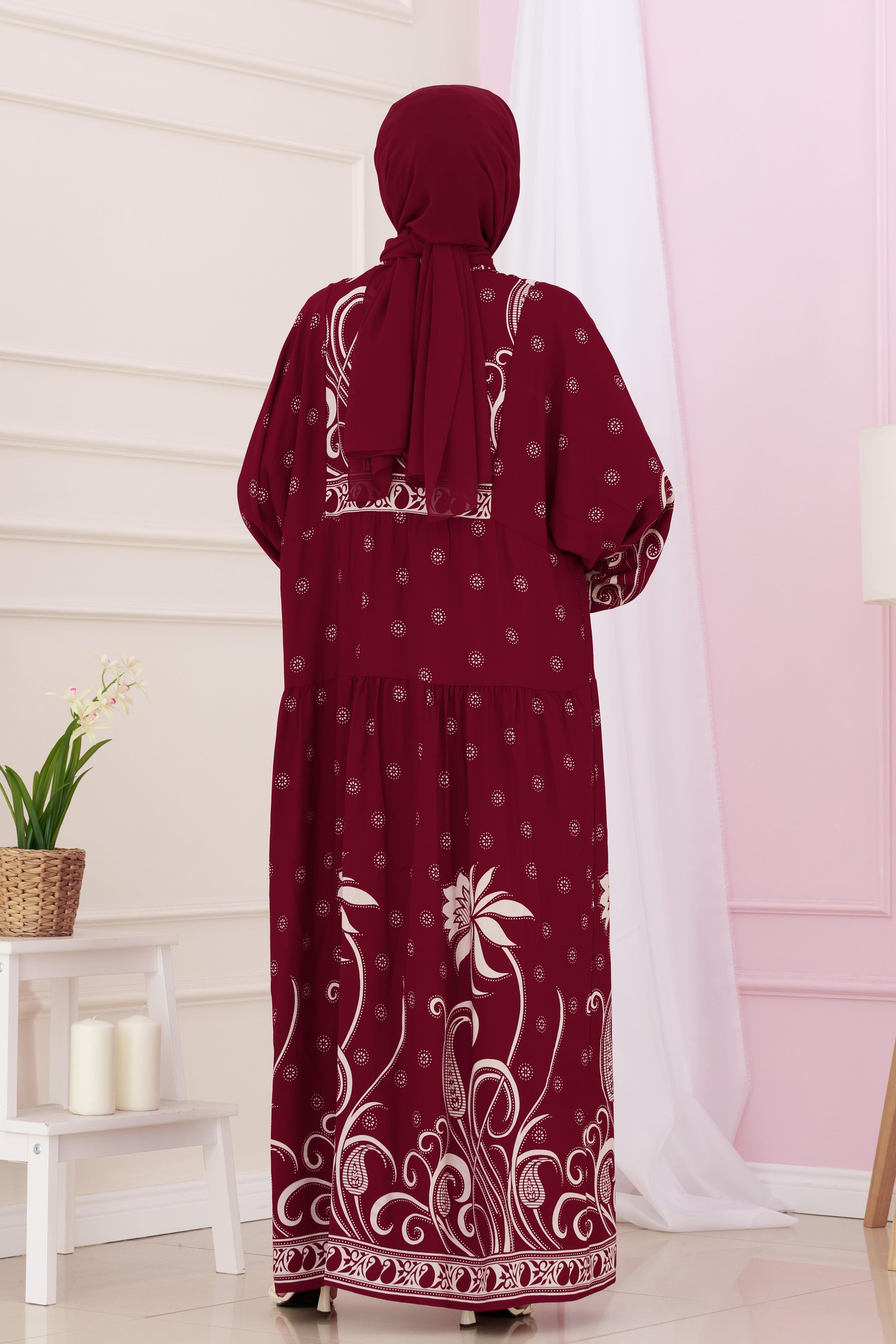 Yarım Düğmeli Robalı Nisan Elbise-Bordo