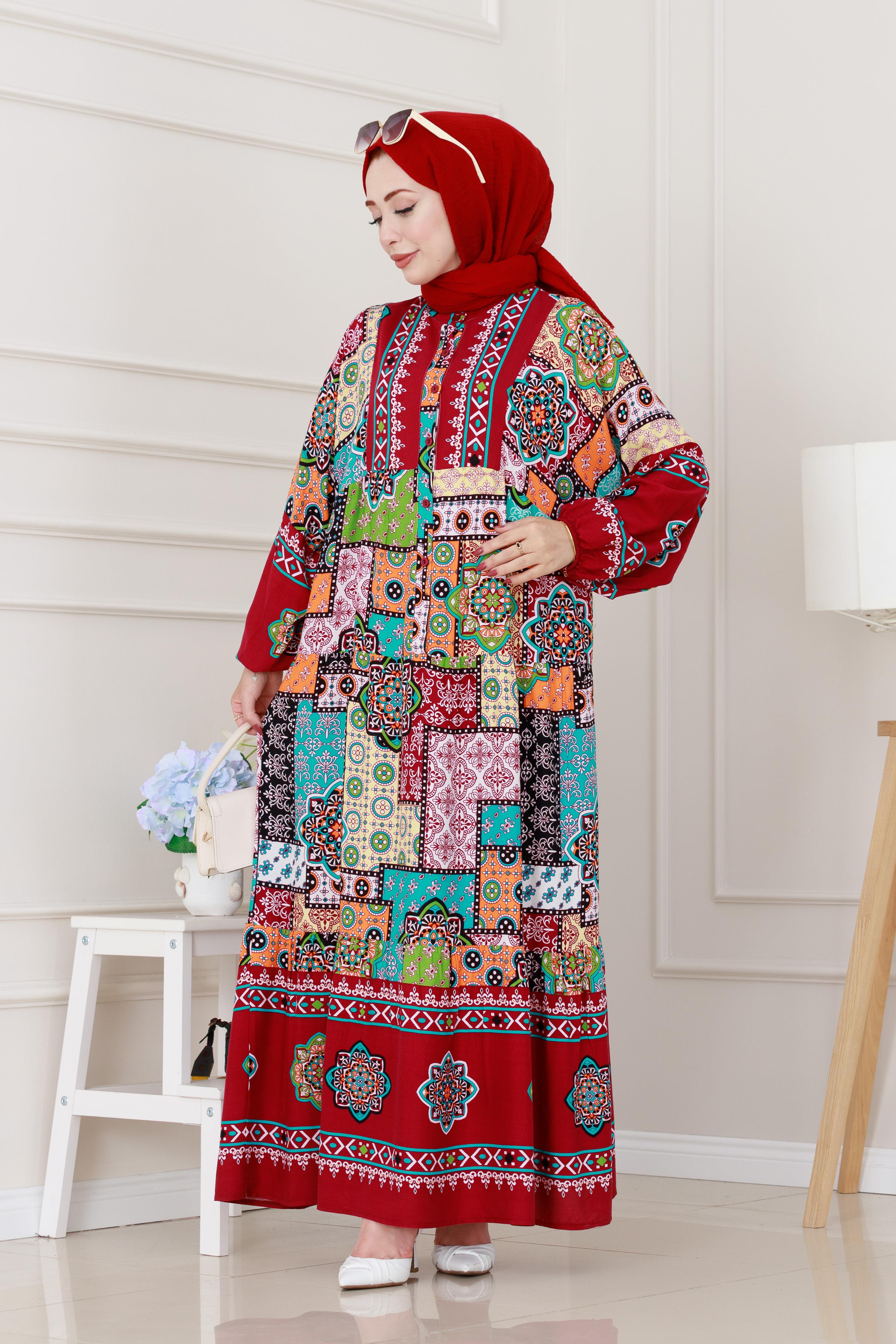Yarım Düğmeli Robalı Yama Desen Elbise-Bordo