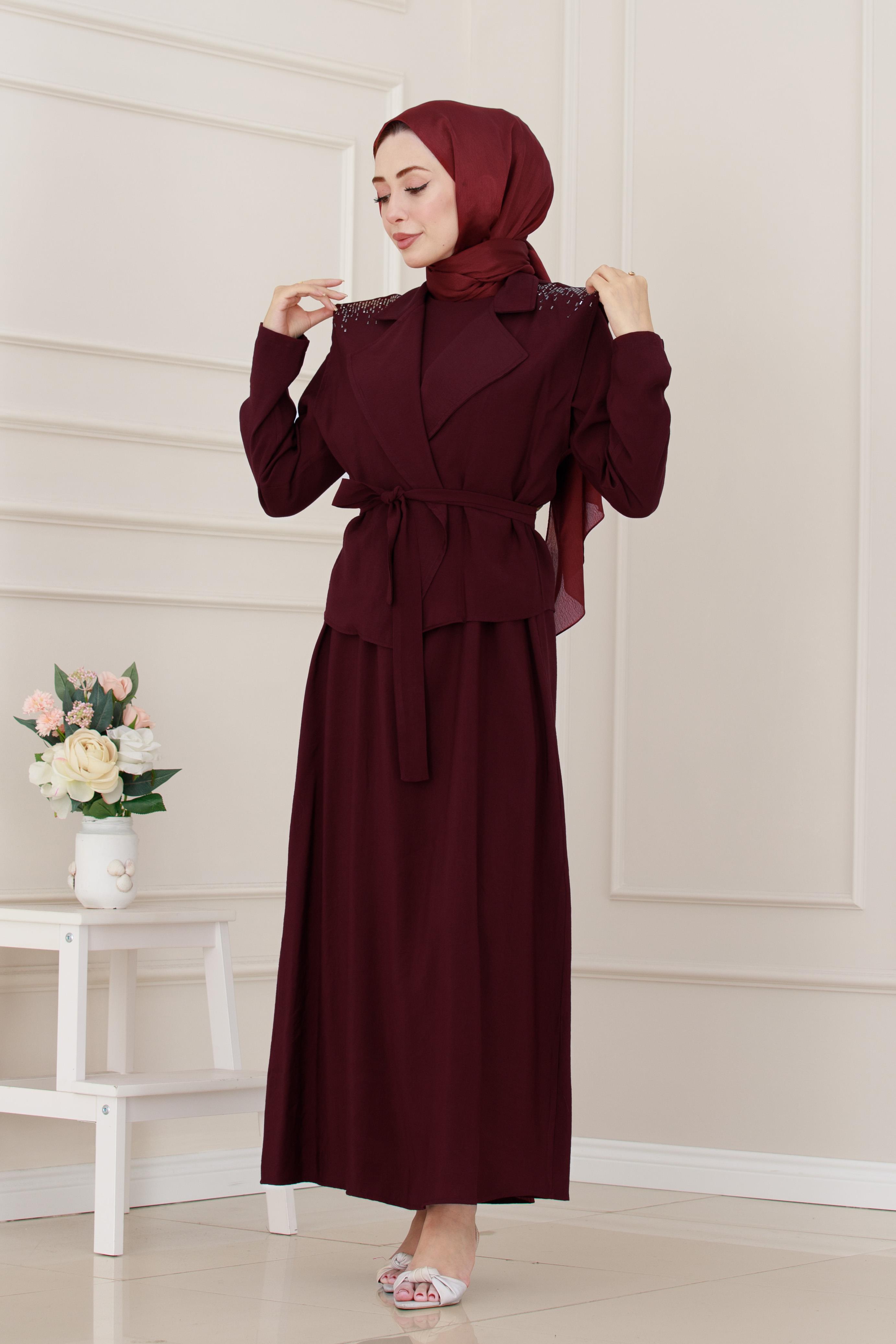 Yeleği Taş Detaylı Tensel Elbise-Bordo