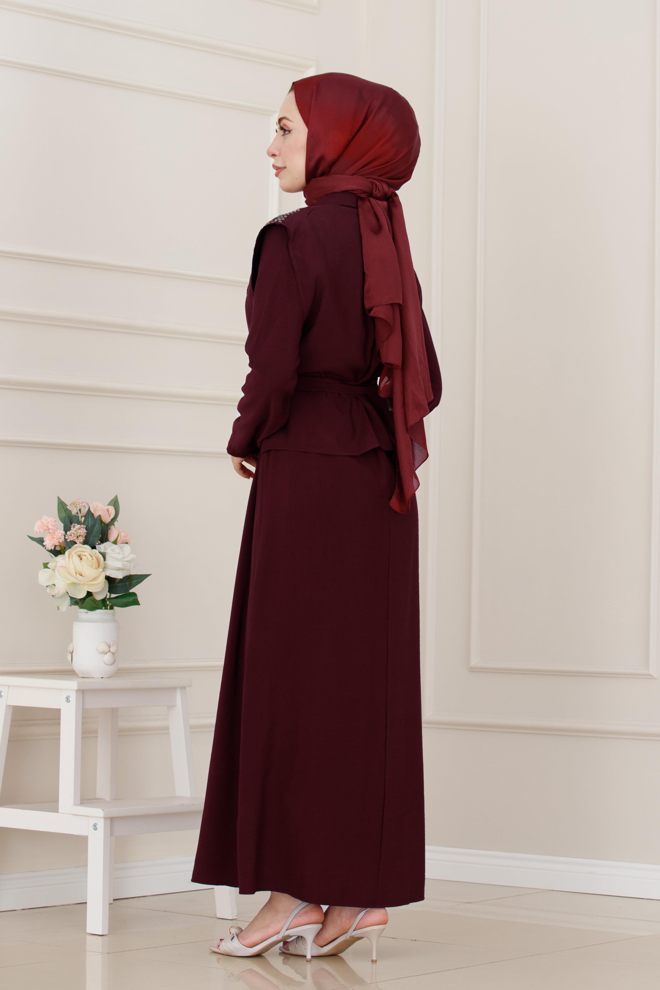 Yeleği Taş Detaylı Tensel Elbise-Bordo